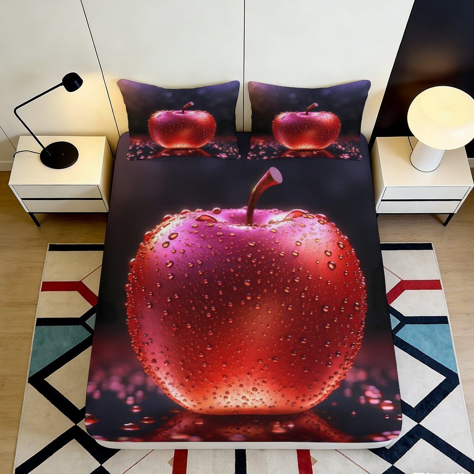 3D Printed Red Apple Fitted Sheet Microfiber Soft Water Droplets Bed Cover for Bedroom Dorm Mattress Protection Decor 90x200x25cm
