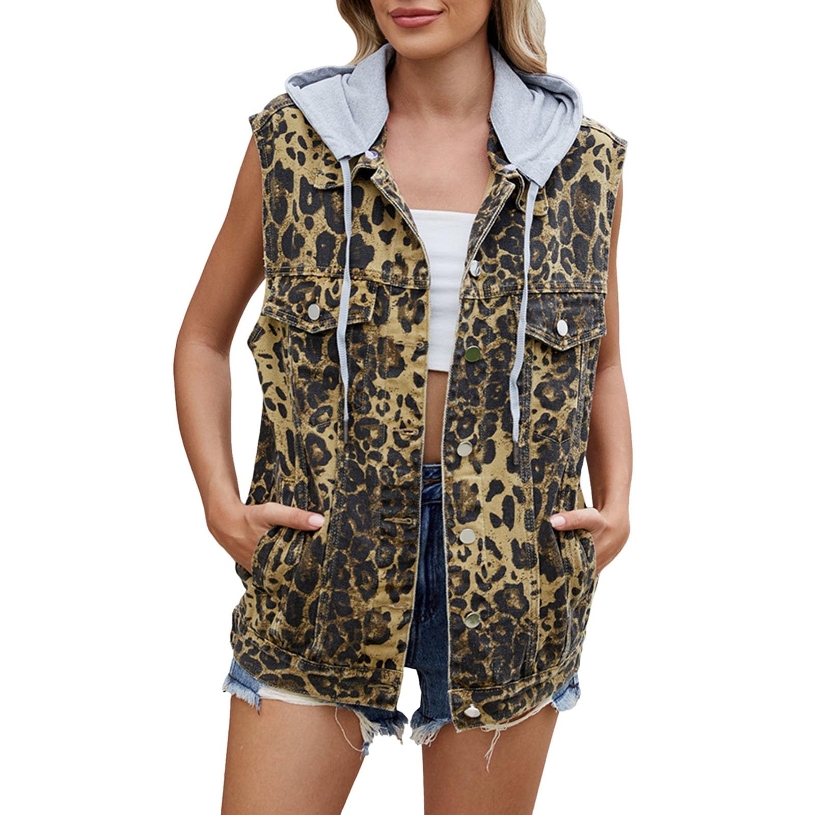 Gilet en jean pour femme - Sans manches - Boutonnière - Veste en jean - Imprimé léopard - Veste de loisirs - Veste en denim - Veste d'extérieur - Manteau de loisirs - Vêtement d'extérieur
