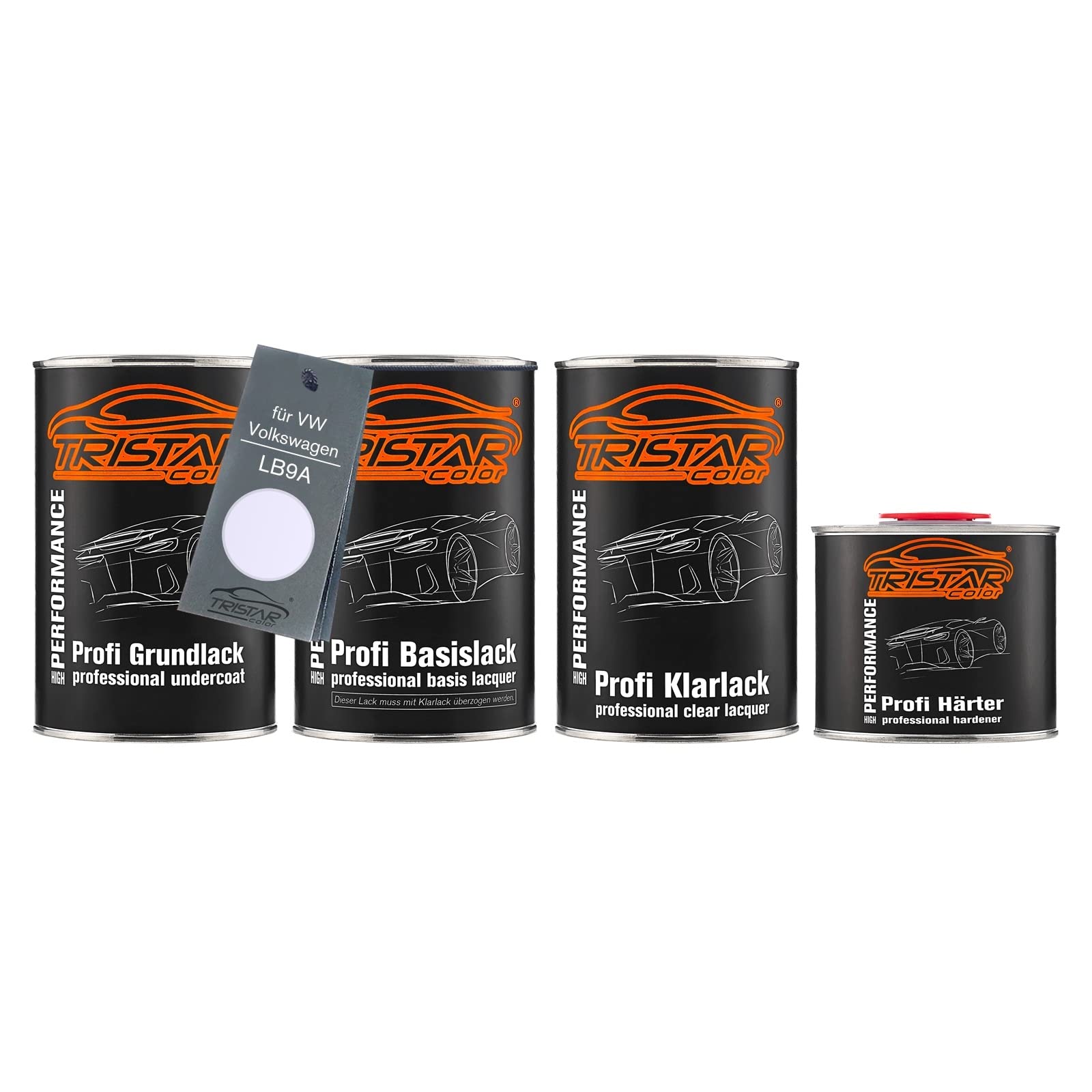 TRISTARcolor Autolack Dosen Set für VW/Volkswagen LB9A Candyweiss 3,5L | Candy White, Set aus Grundlack + Basislack + 2K Klarlack + Härter, Literware, spritzfertig