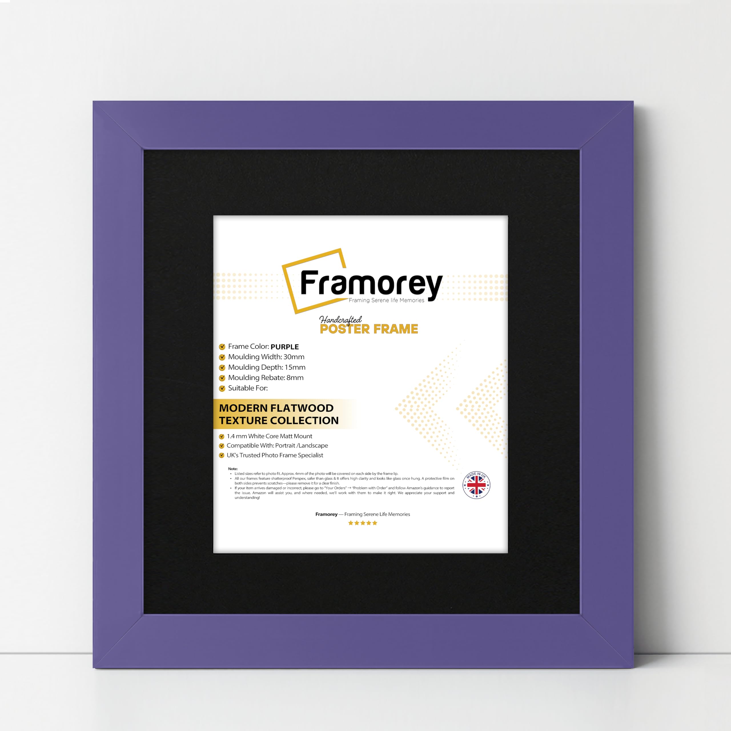 FRAMOREY Square Oxford Flat Wooden Effect Picture Frame, 12x12" Size Purple Photo Frame With 10x10" Size Black Mount, Photo Print Frame, Best Photo Frames For Birthday Gift
