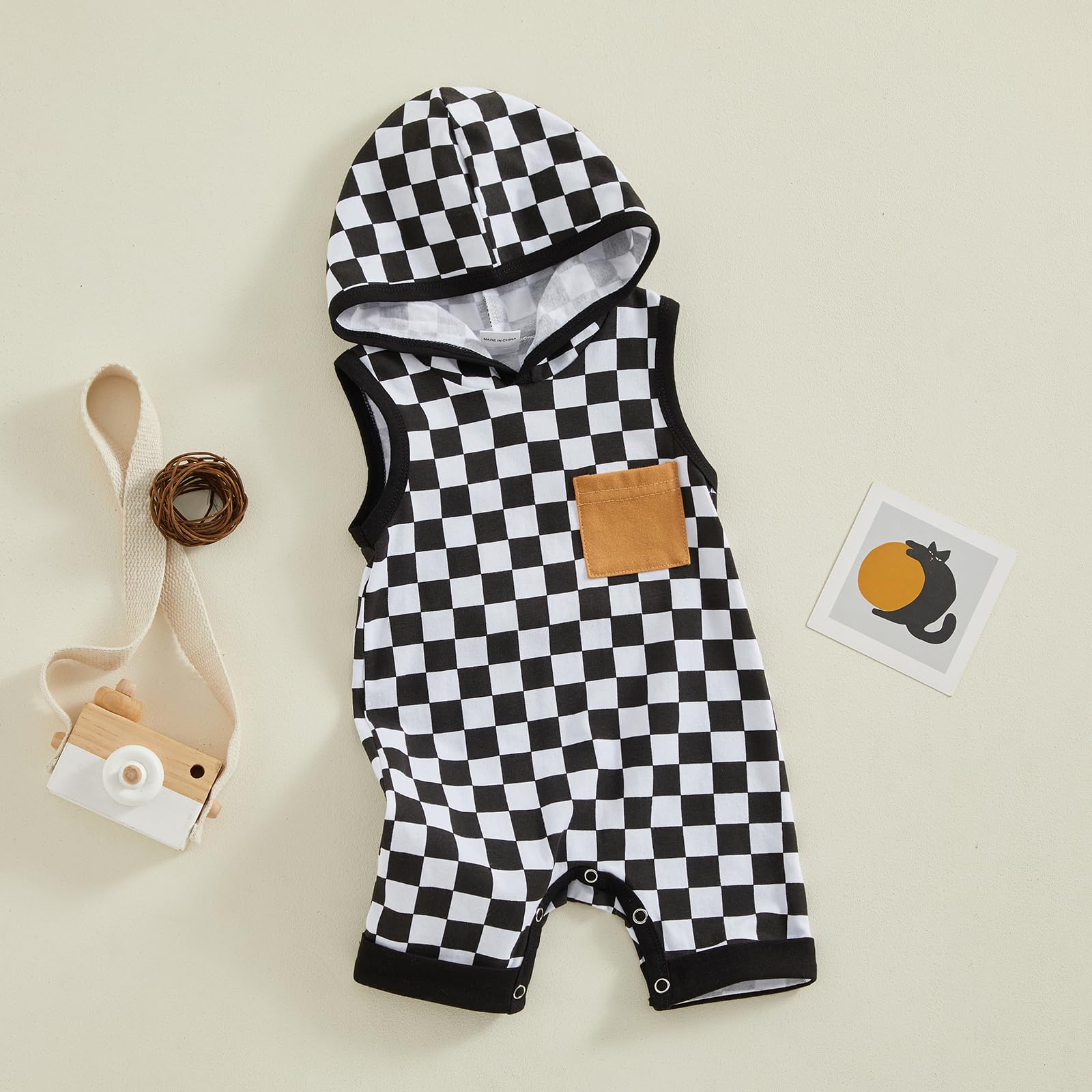 Gaono Baby Boy Romper Sleeveless Checkerboard Hooded Jumpsuit Newborn Tank Tops Infant One Piece Outfit Summer Clothes (Black, 12-18 Months)
