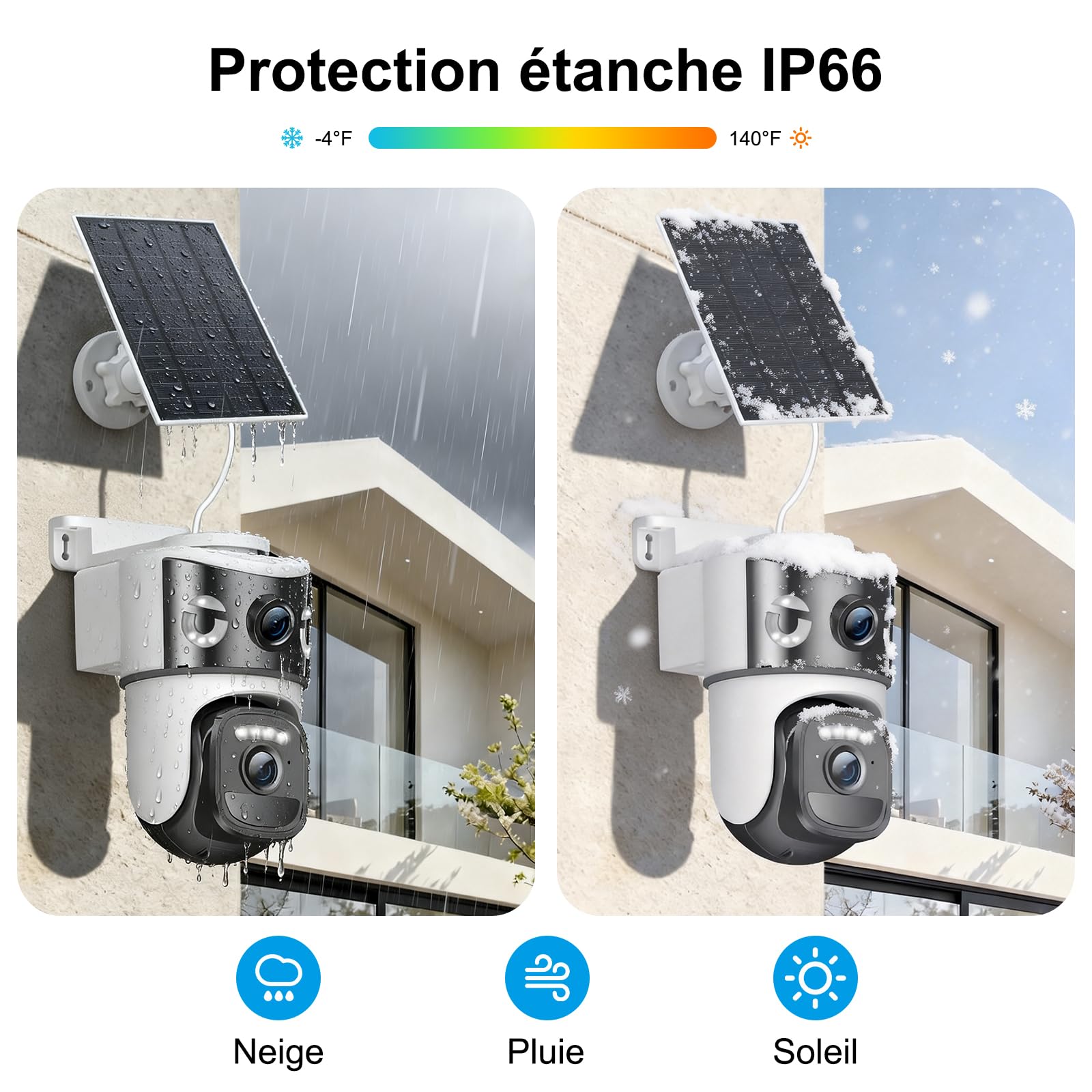 8MP Caméra de Surveillance WiFi Extérieure sans Fil,4K Double Objectif Camera Extérieur Solaire avec Panneau,355° PTZ,Vision Nocturne,Suivi Automatique,PIR Détection Humaine,Audio Bidirectionnel,IP66