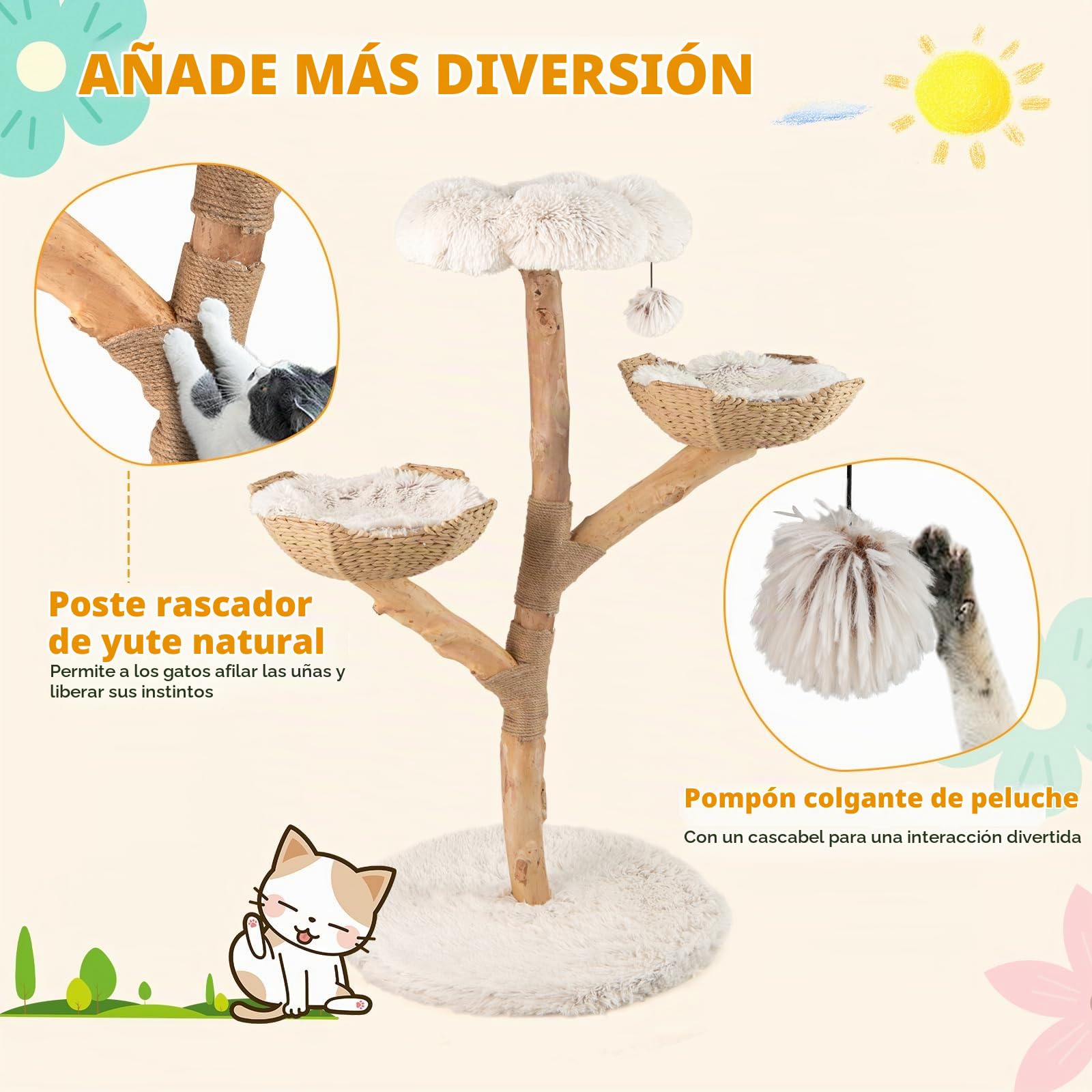 COSTWAY Rascador para Gatos, Árbol para Gatito Moderno de Madera Maciza, 122 cm Torre Gatos Rascador con Plataforma Forma de Flores, 2 Nidos con Cojines, Poste de Yute, Bola Colgante, Blanco y Natural