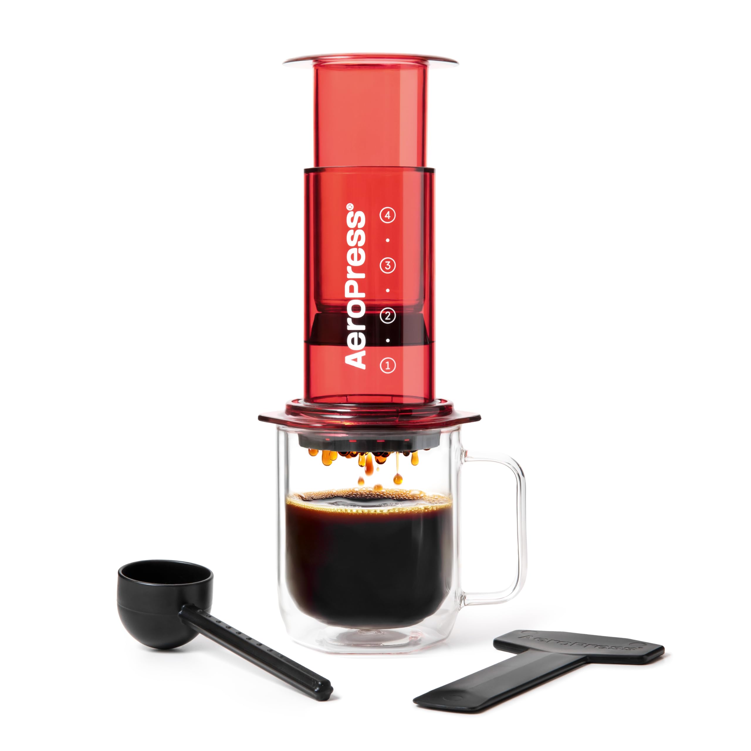 Clear Red Coffee Press - All-in-One French Press, Pour-Over & Espresso Style Manual Brewer, 2 Min Brew for Less Bitterness, More Flavor, Small Portable Coffee Maker, Travel & Camping