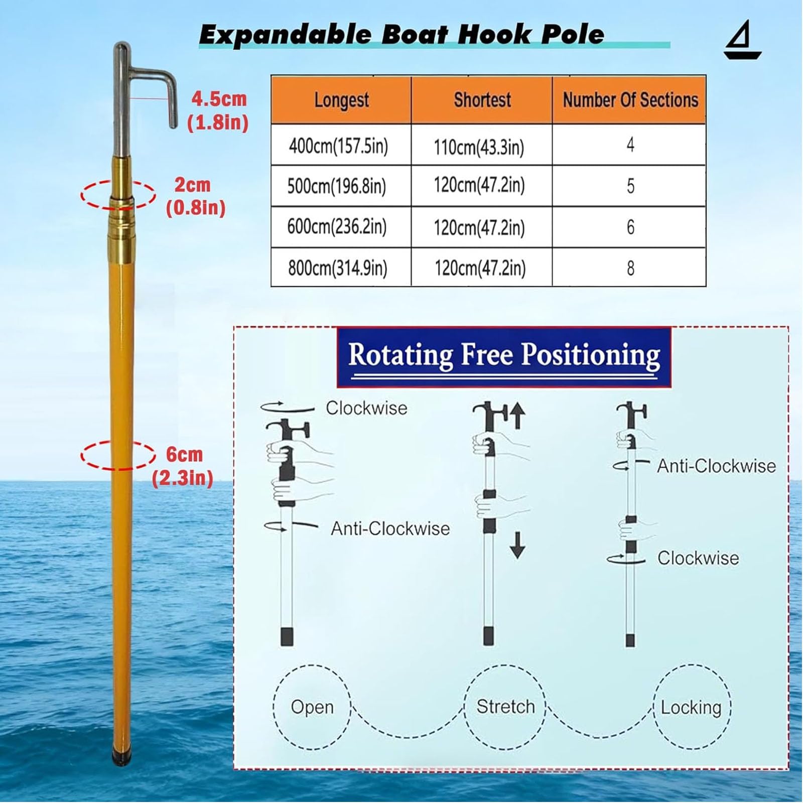 Teleskop-Bootshakenstange – 4 M, 5 M, 6 M, 8 M, Strukturierter, Rutschfester Griff + Edelstahlhaken, Drehverschluss, 8-mm-Gewindeanschluss | Festmacher-, Anlege-, Wasserrettungs,5m