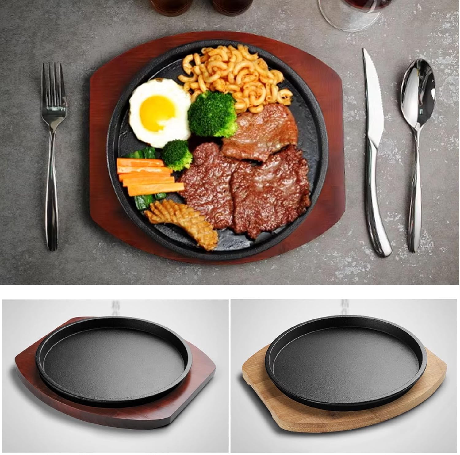 木製と鋳鉄製の楕円形ステーキプレート8枚セット Amazon｜Kisigim 鉄板プレート 丸 ステーキ皿 2セット 保温性が