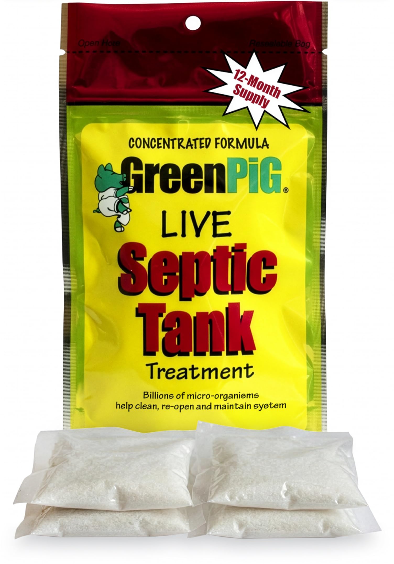 Green Pig Septic Tank Treatment Packets – Septic-Safe Enzyme Treatment for Preventative Maintenance, Helps Prevent Clogs & Odors, 1-Year Supply (4 Packets)