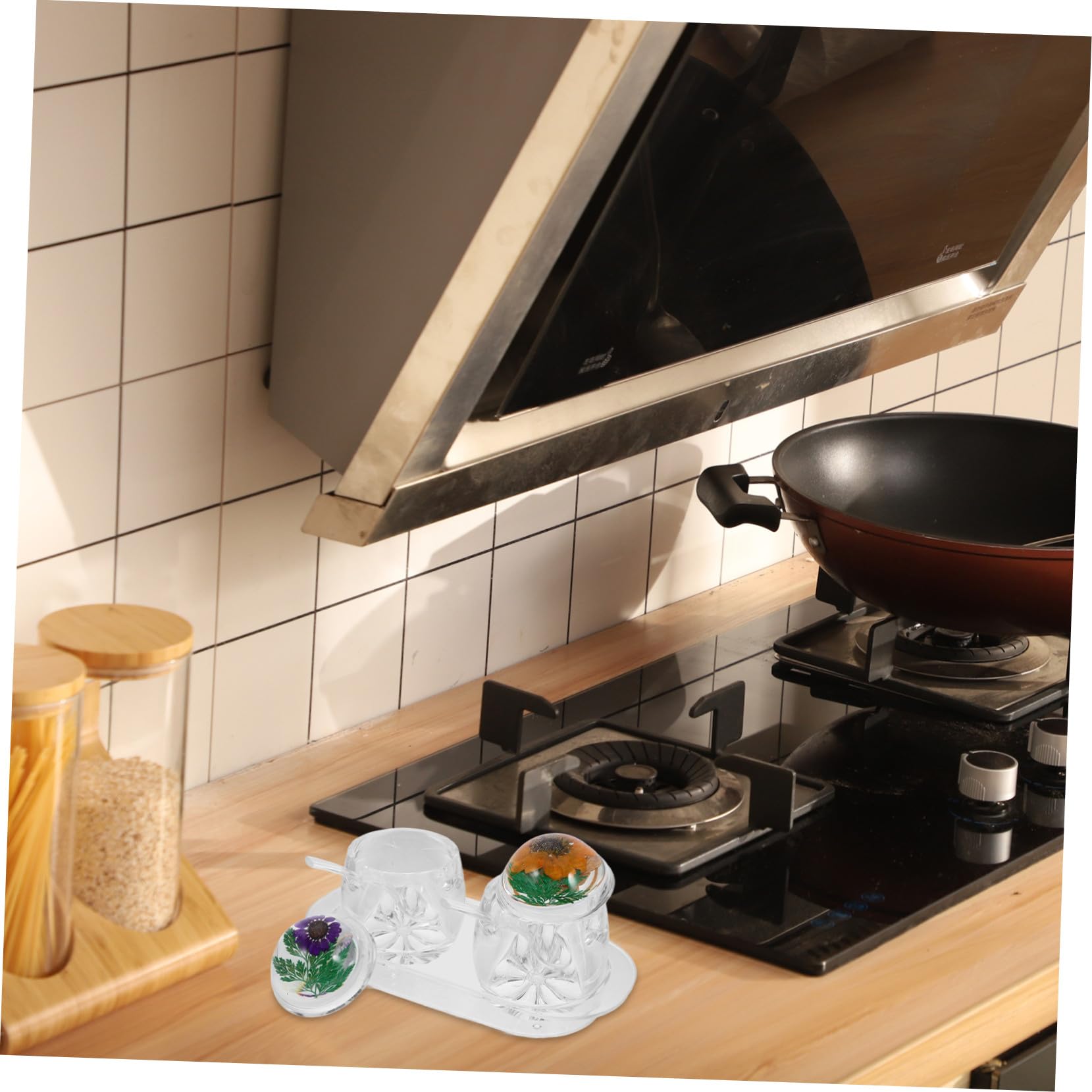 Contenitori Condimenti Trasparenti in Acrilico con Fiori Secchi Incapsulati Vasetti Spezie Sicuri per Cucina con Vassoio Rimovibile e Decorativo