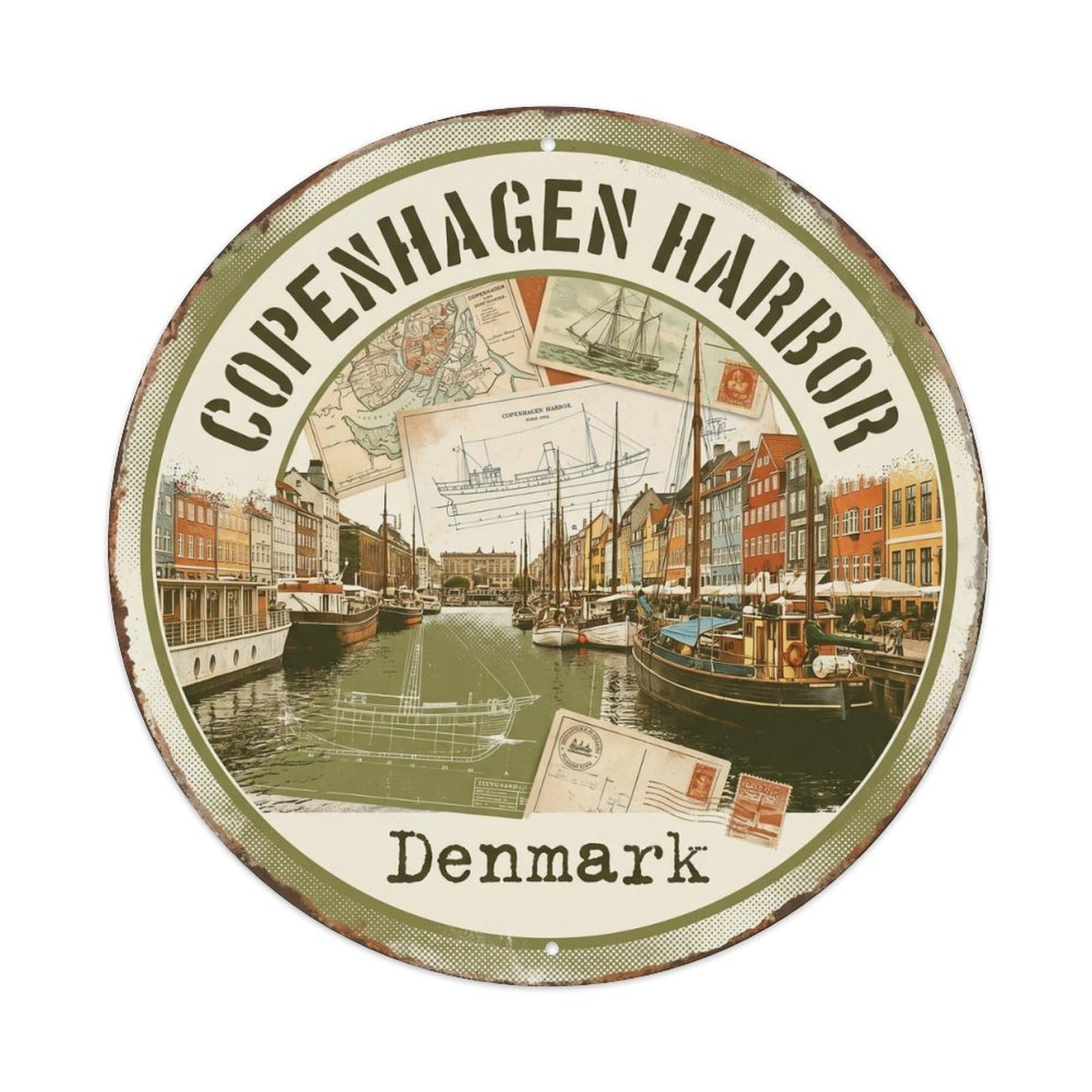 Cmhok Vintage Style-11 Vintage Travel Harbor Copenhagen Artwork Metal Tin Sign Plaque Wall Decor For Cafe, Club, Garden Round Metal Poster 8X8inch