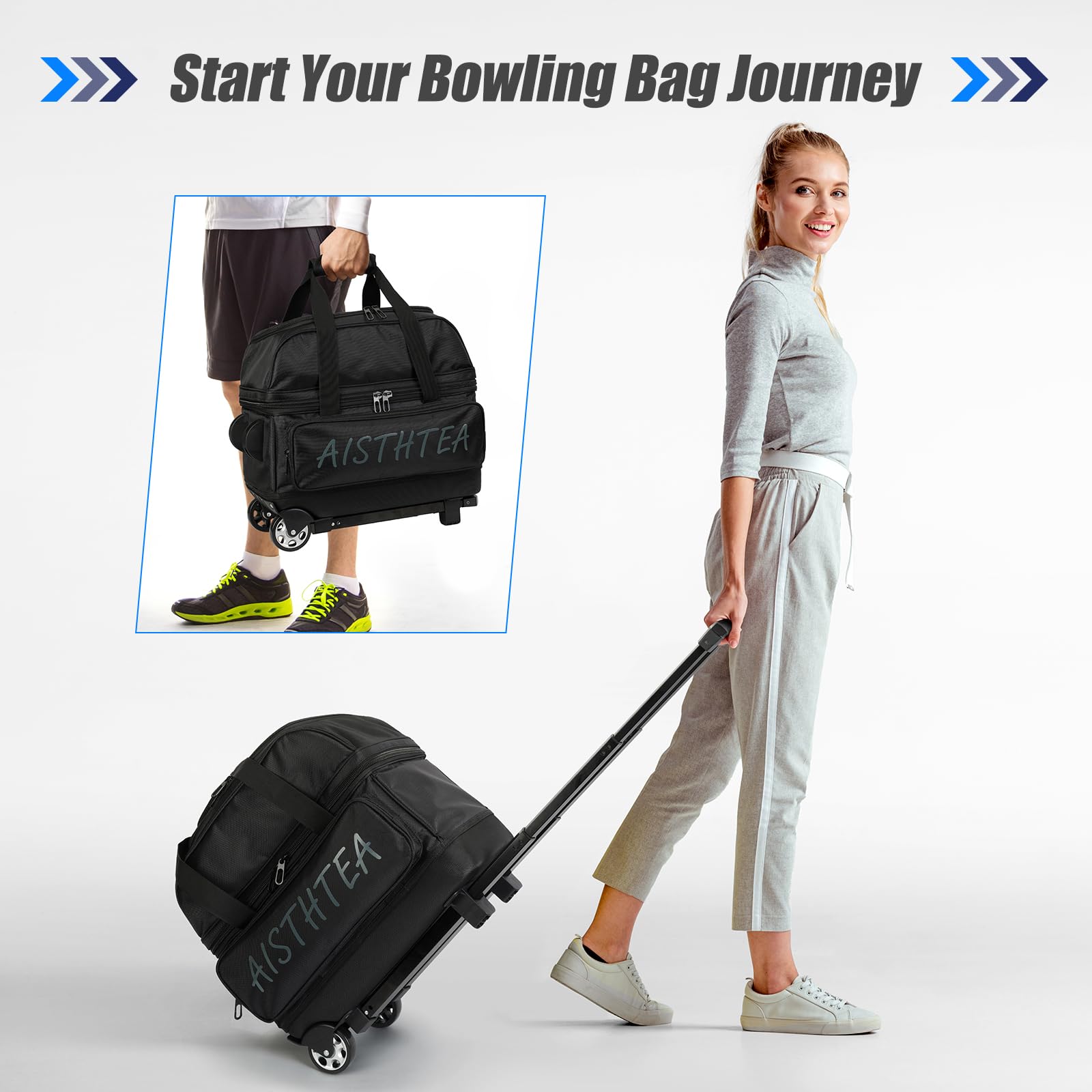 Sac de Bowling avec roulettes, 2 Sacs de Bowling avec Grand Compartiment séparé pour Chaussures et Poche pour Accessoires surdimensionnée
