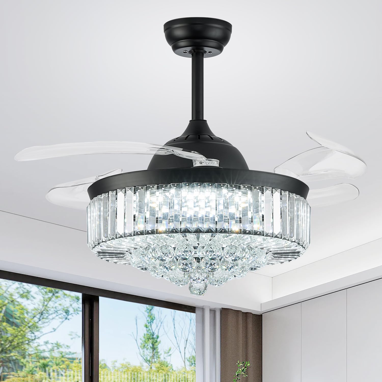 Fandelier Ceiling Fan with Light, 42 Inch Retractable Chandelier Fan LED Dimmable Crystal Ceiling Fan for Bedroom Living Room Dining Room-Black