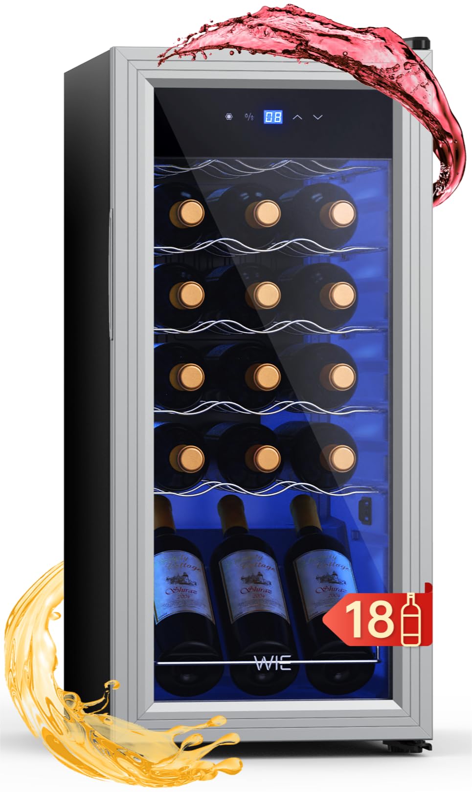 WIE Weinkühlschrank Compressor 53 Liter 18 Flaschen Getränkekühlschrank mit Glastür LED Touchpanel Anti-UV 5-18°C