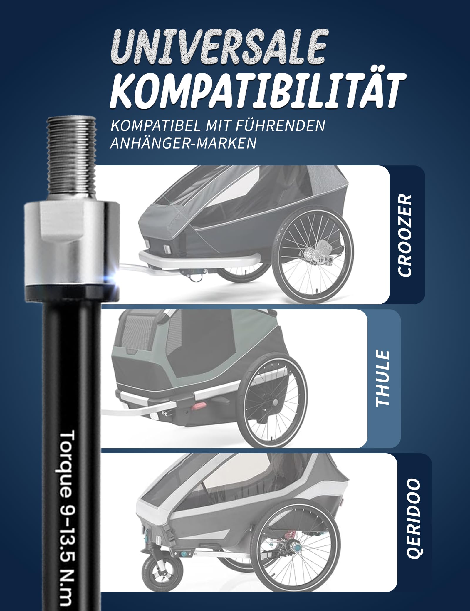 Steckachse Fahrradanhänger Adapter M12, Verstellbar 160-178mm, 3 Gewindearten (1.0/1.5/1.75), Kompatibel mit Thule, Qeridoo, Croozer - Schnellmontage - Robust, Leicht
