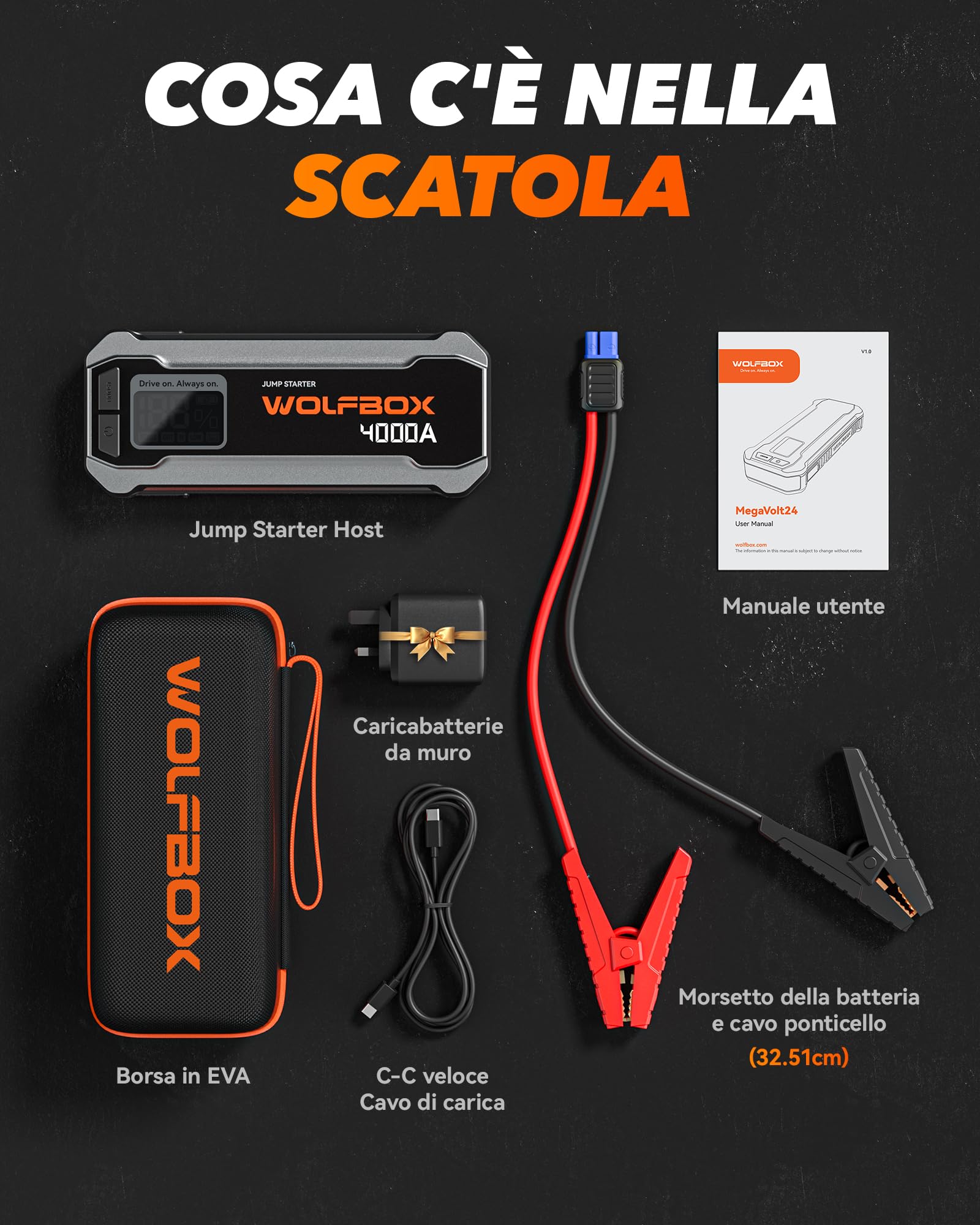 WOLFBOX Booster Avviamento Auto, 4000A Avviatore Emergenza per auto/moto(10L Benzina o 10L Diesel), Starter Batteria auto Portatile con Booster Torcia a LED