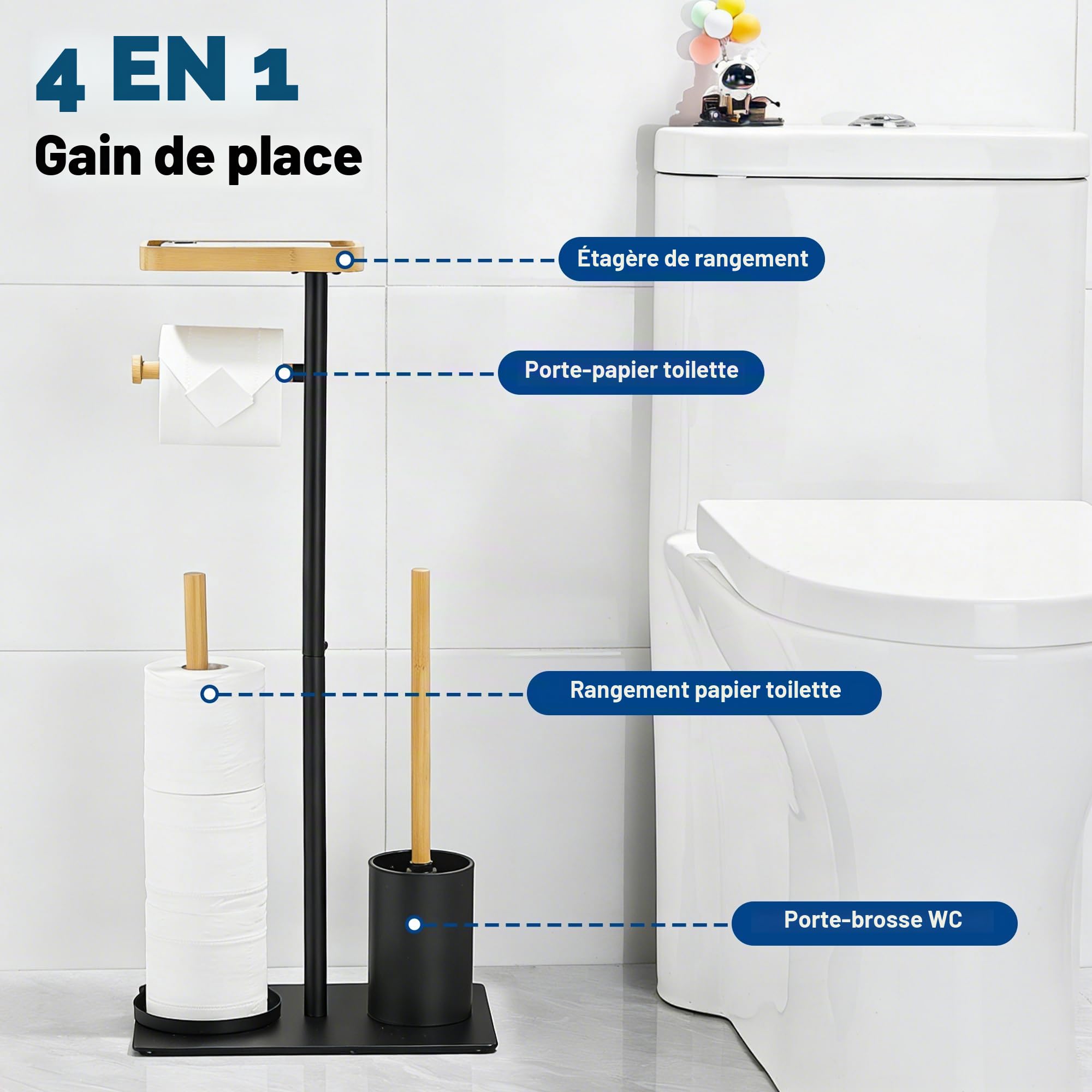 Porte Papier Toilette sur Pied avec Brosse WC Support Papier WC Rangement sans Percage pour 4 Rouleaux, Bois Noir, Carré