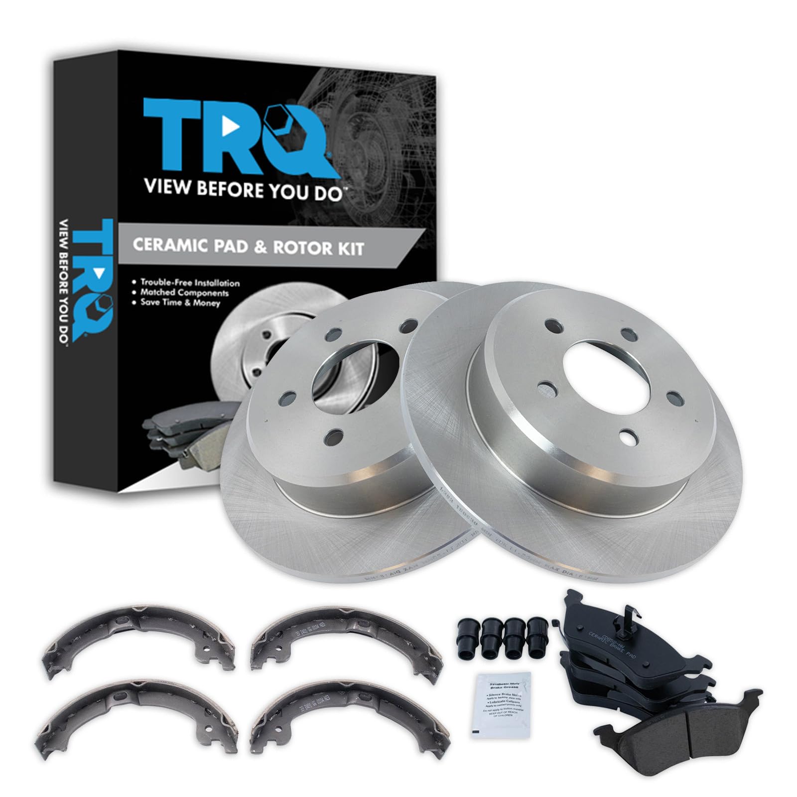 TRQ Rear Brake Pad and Rotor Set Ceramic Parking Brake Shoe Compatible with 2001-2007 Chrysler Town &amp; Country Dodge Grand Caravan Caravan