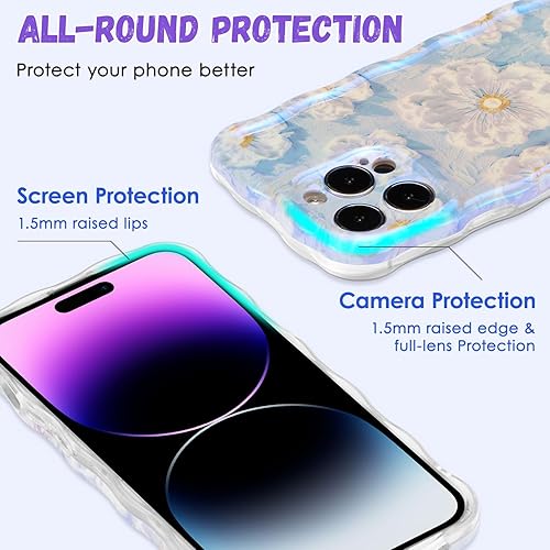 Miniatura 10 de QLTYPRI Funda para iPhone 13 Pro Max, colorida pintura al óleo retro con patrón de flores, lindo marco de onda rizada, exquisita funda para teléfono