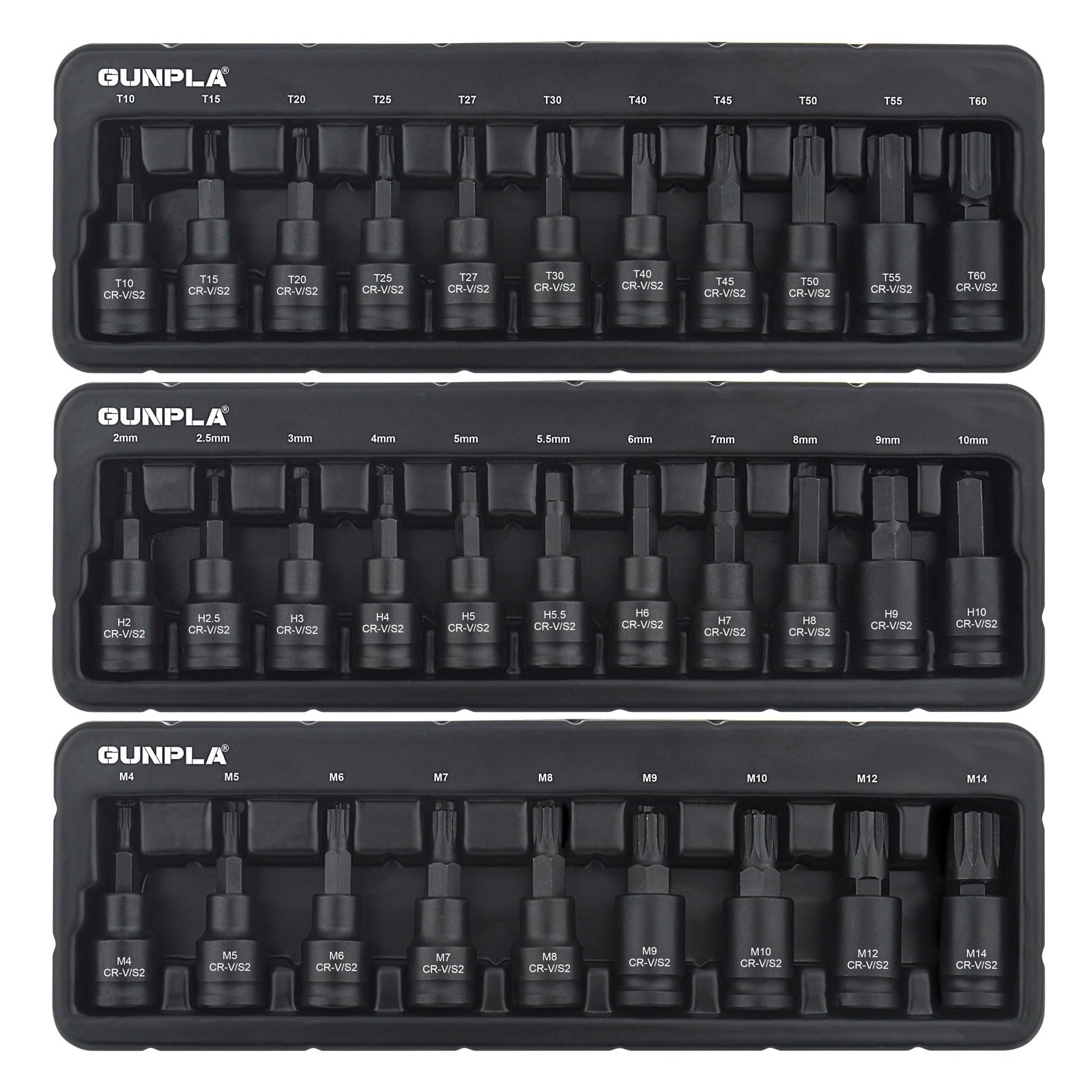 3/8 Inch Drive Impact Bits Sets Heavy Duty CR-V, S2 Steel Impacted Shallow Metric 31pcs Hex 2-10mm, Torx T10-T60, Spline M4-M14 Star Allen Bit Tools