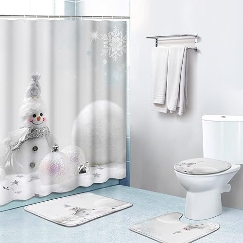 Miniatura 2 de Britimes Juego de 4 cortinas de ducha con 12 ganchos, copos de nieve blancos navideños con alfombras antideslizantes, cubierta de tapa de inodoro y