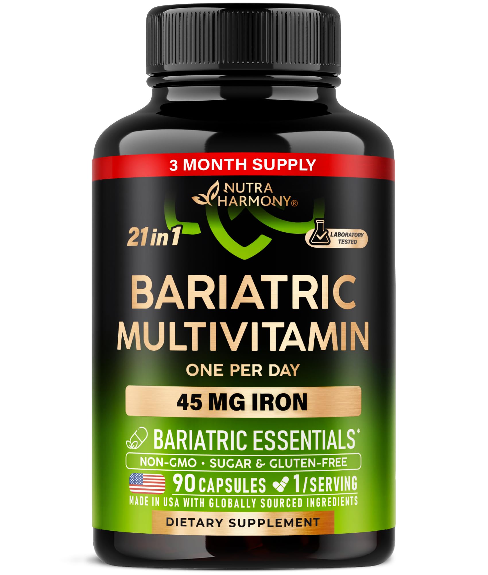 Bariatric Multivitamin - 45 mg Iron Supplements - Made in USA - for Women & Men - All-in-One, 21 Essential Vitamins - Gastric Sleeve Support - Free of Sugar, Gluten & Soy - 90 Capsules, Once Daily