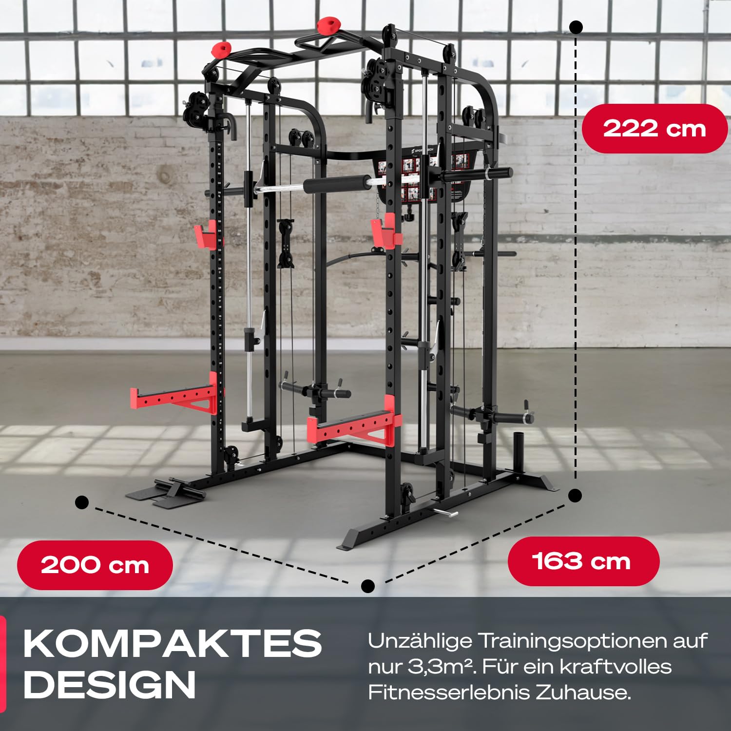 Sportstech SXM150 Smith Machine für Zuhause, Power Rack mit Kabelzug, Klimmzug, Langhantelstange, Bankdrücken, Multipresse, für Gewichtsscheiben, Kraftstation inkl. Griffe, Multifunktional, Home Gym