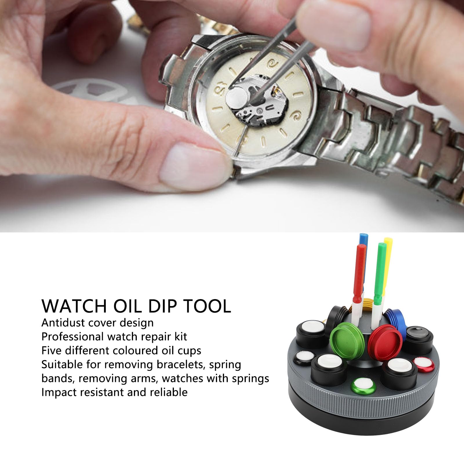 Kit Olio per Orologi da 5 Tazze con 4 Penne per Olio, Accessori per Riparazione Giradischi in Metallo - Set Assortimento Oliatore per Orologi, Ideale per la Manutenzione
