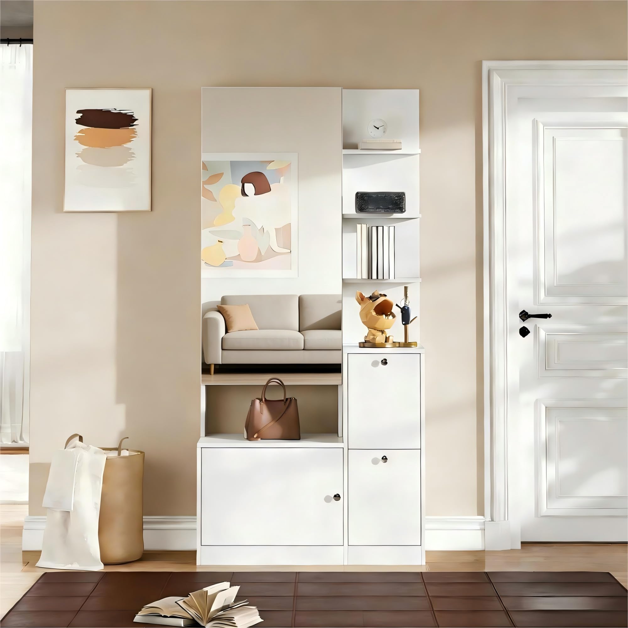Shye Armadio alto con specchio e scarpiera, per corridoio, appendiabiti, con due ante, vetrina con 5 ripiani, bianco, 85 x 40 x 180 cm