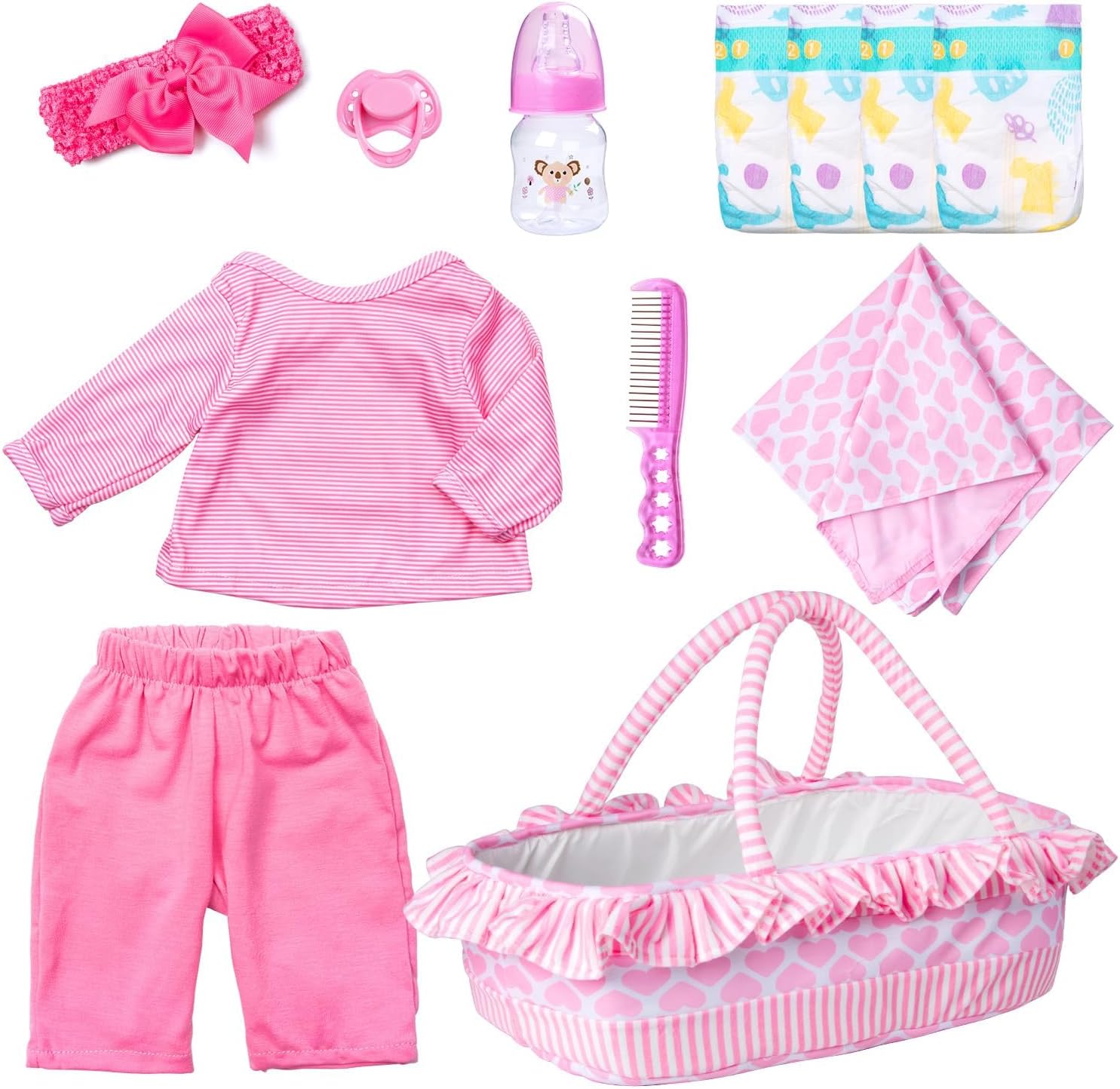 BABYFERE12-Pieces Reborn Baby Doll Clothes with Bassinet Blanket for 17-18 inch Reborn Dolls Clothes Accessories Pink Carrier Bed Baby Doll Diapers Set