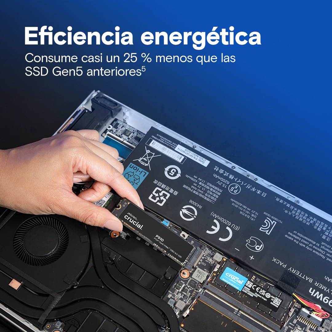 Crucial P510 SSD 1TB PCIe 5.0 x5 Gen5 NVMe M.2, Velocidades de lectura hasta 11.000 MB/s, escritura 9.500 MB/s, Ordenador Portátil y de Sobremesa, TLC NAND, Disco Duro Interno- CT1000P510SSD8-01