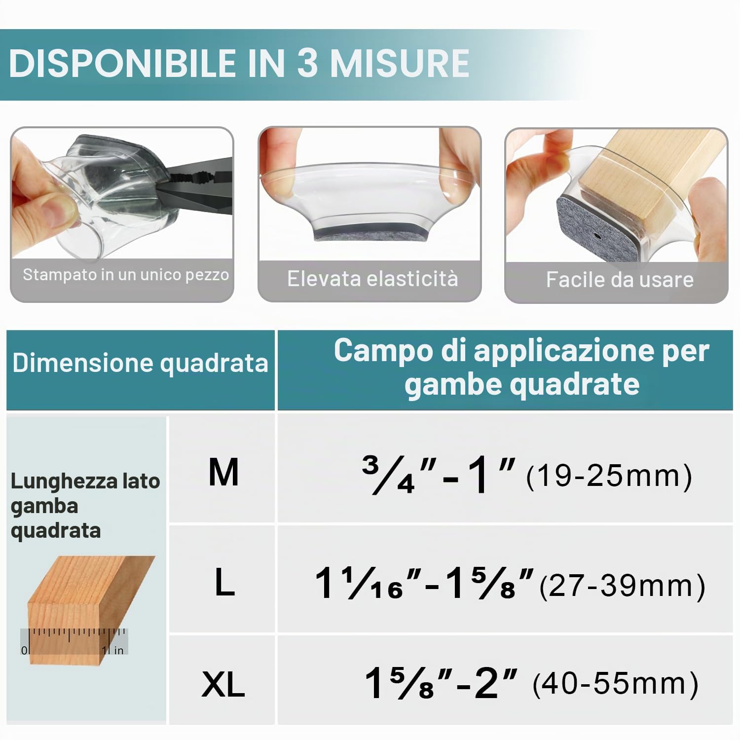 Gommini Per Sedie Quadrati, 24 Pezzi Feltrini per Sedia in Silicone Trasparente con Feltro, Antigraffio in feltro per sedie, tappi protettivi per gambe di per pavimenti in Legno(Fit:27-39mm)