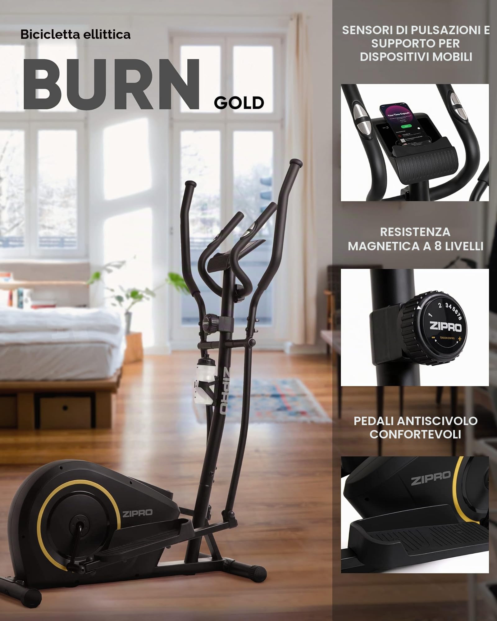 ZIPRO Cyclette Ellittica BURN GOLD, cyclette cross-trainer, con monitor LCD, resistenza magnetica regolabile, Sensore di pulsazioni, 120kg, Nero