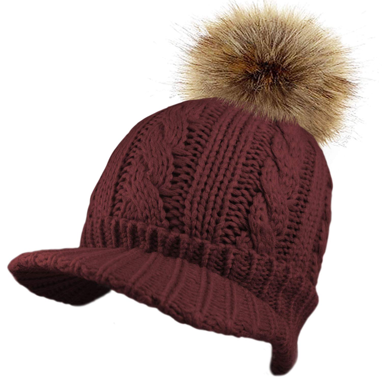 Toskatok Women's Burgundy Cable Knit Peaked Beanie Cap Hat With Warm Fleece Lining And Detachable Faux Fut Pom Pom