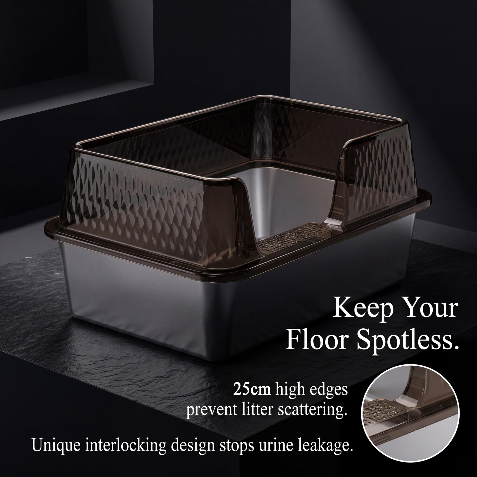Suhaco Edelstahl Katzenklo mit Deckel Matte und Schaufel für katzentoilette Hohe Seiten XL Leicht Zu Reinigen Große Streukasten (XL,Schwarz)