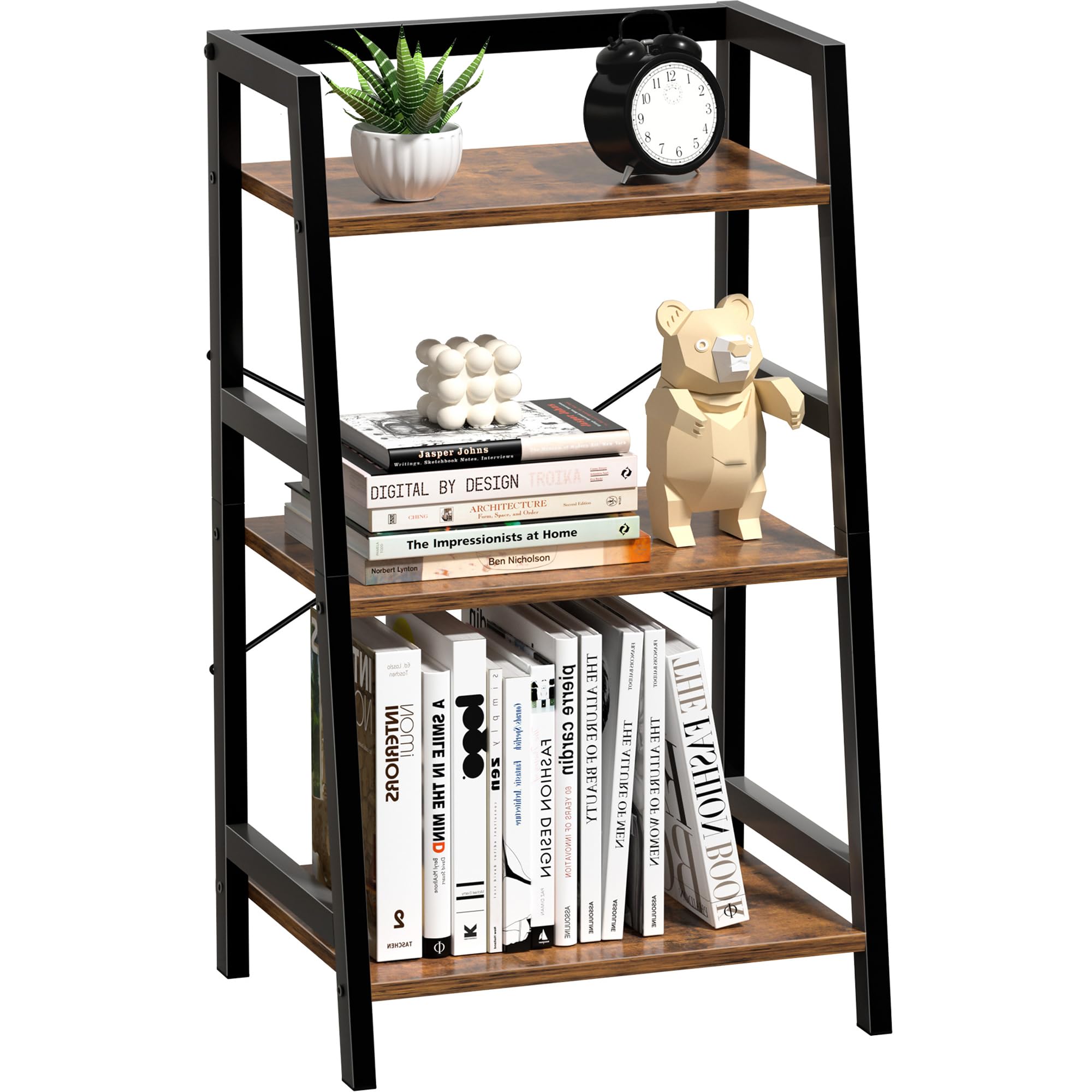 Lifenite 3-Tier Bookshelf, Ladder Shelf for Small Spaces, Industrial Short Bookshelf, Small Bookcase for Living Room, Bedroom, Home Office, Kitchen,