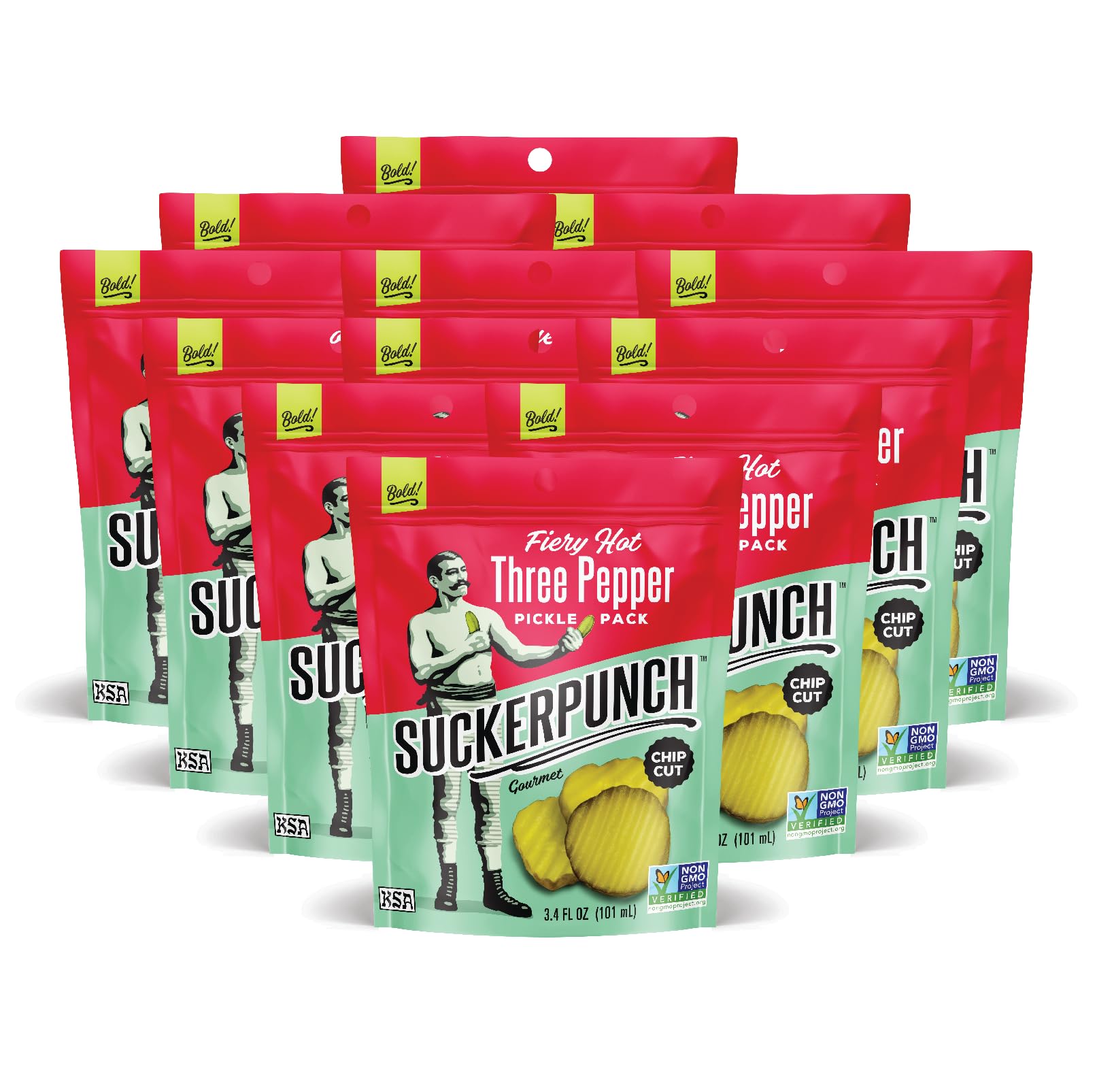 SuckerPunch Three Pepper Pickle Chips, Snack Pack, Gluten Free, Kosher, Sugar Free, Low Calorie, Low Carb, Ready to Eat, on the Go, Non GMO, Keto Friendly, Vegan, 3.4 Oz, Single Serve Pouch, 12 Pack