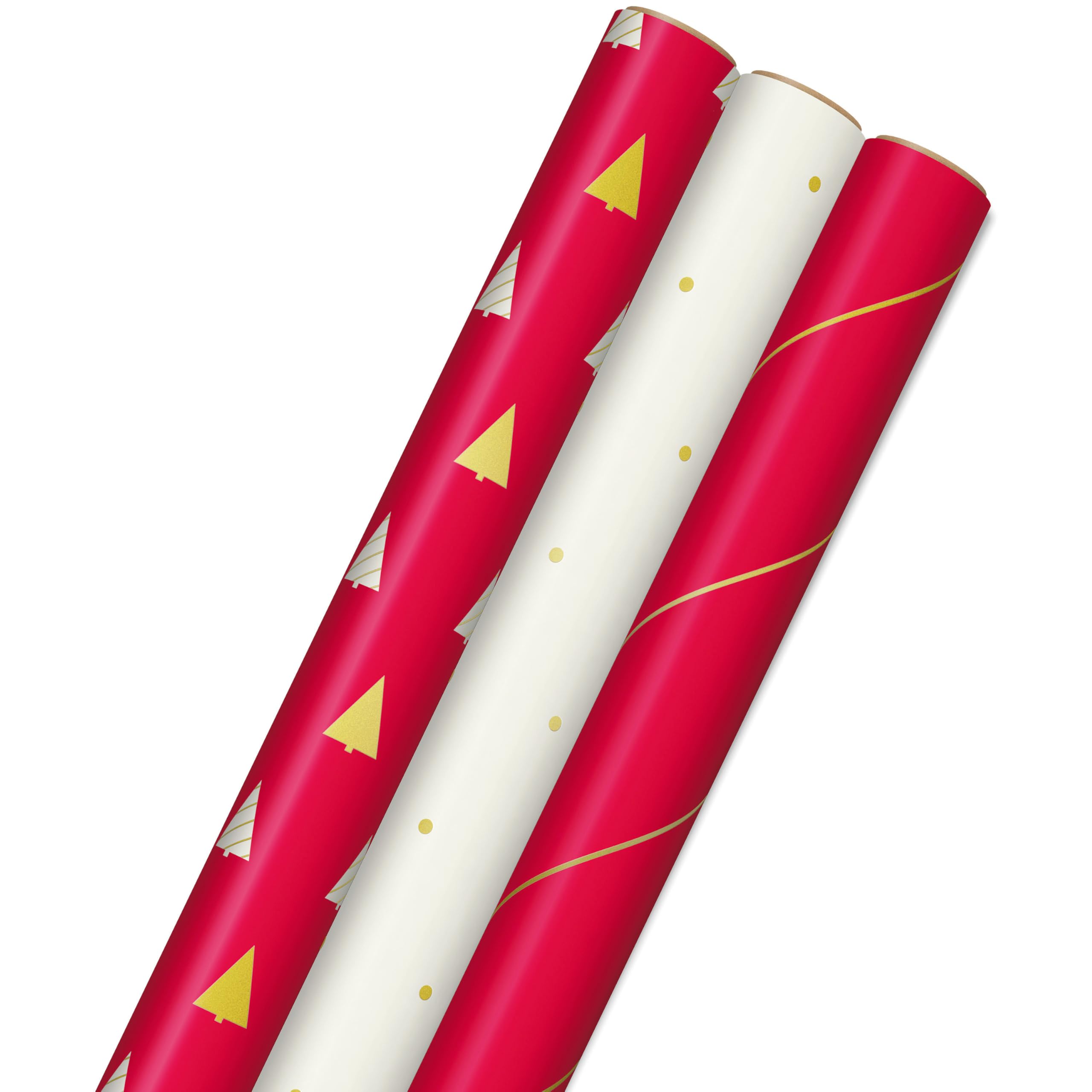 Hallmark Papel de regalo minimalista de Navidad con líneas cortadas en el reverso (3 rollos: 120 pies cuadrados ttl) rojo, blanco, árboles dorados, rayas, lunares