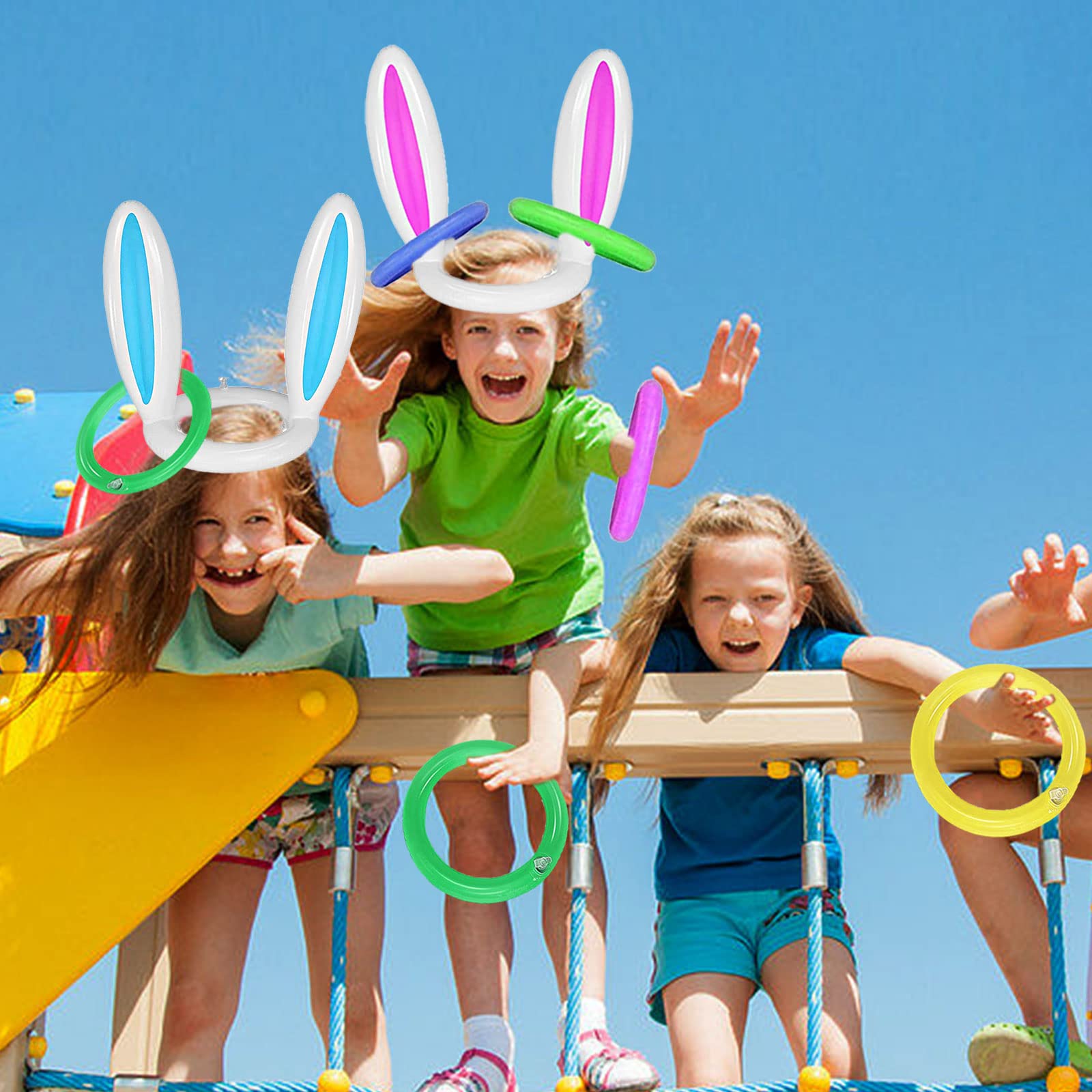 Lot de 2 Jeux de Lancer d'anneaux gonflables pour Oreilles de Lapin (2 Ensembles, 8 Anneaux et 1 Pompe)| Fournitures de fête pour Enfants ou Famille