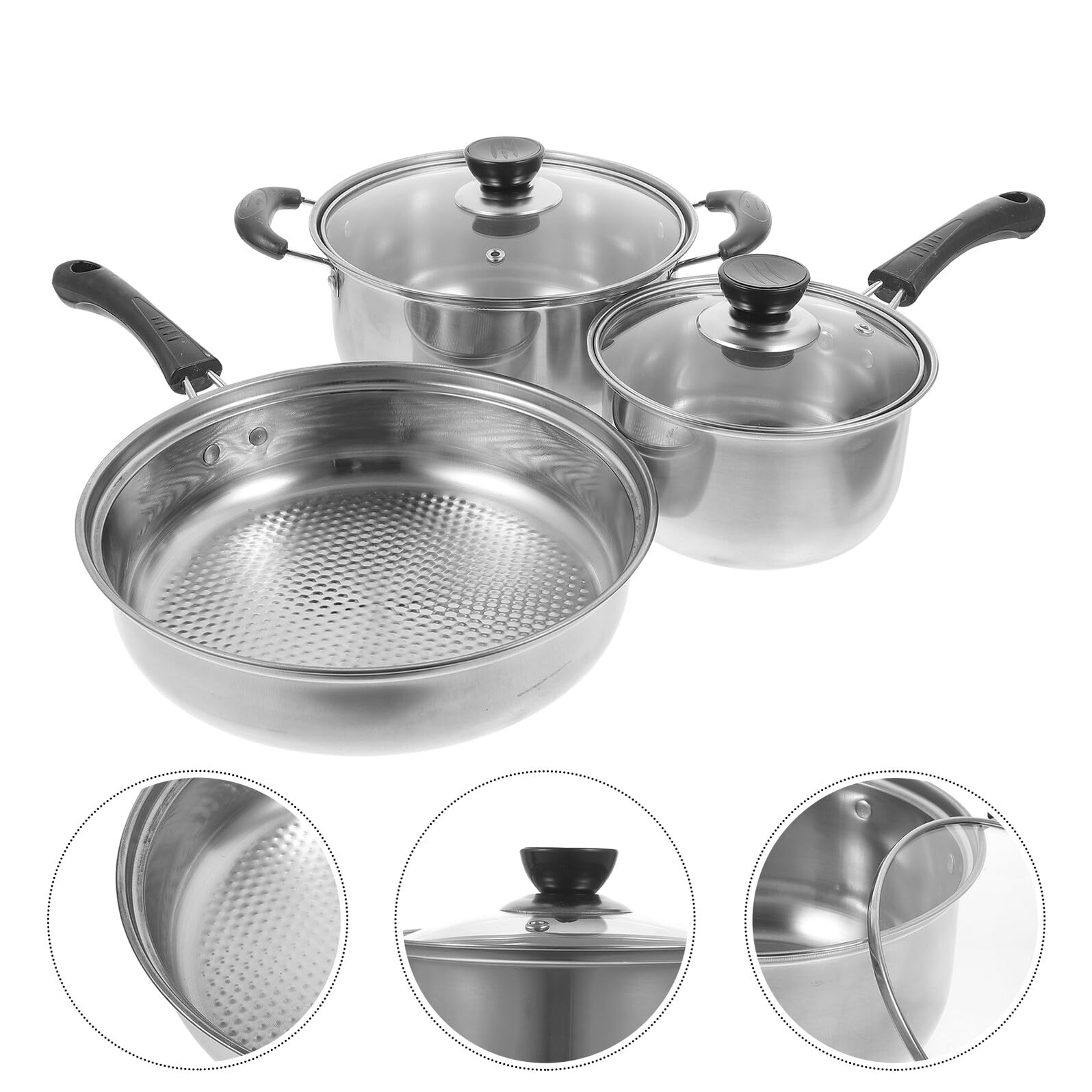 Lurrose Set da Cucina 3 Pezzi in Acciaio Inossidabile Resistente Pentola, Padella Anti Deformazione e Maneggevole, la Preparazione di Zuppe e Fritture
