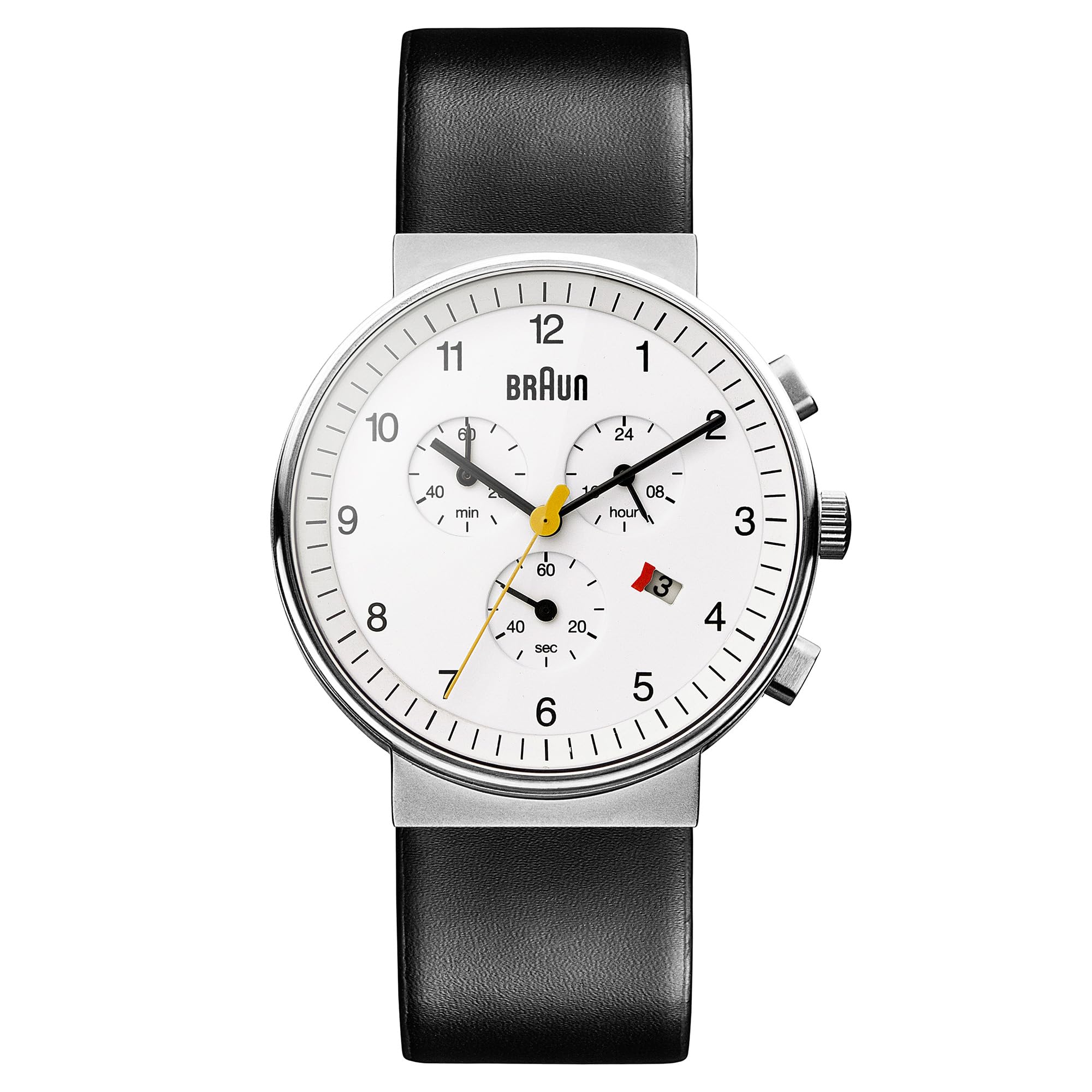 Braun Mens Chronograph with Date Analogue Quartz Watch, White Dial and Black Leather Strap, 40mm Stainless Steel Case, Model BN0035BWHBKG