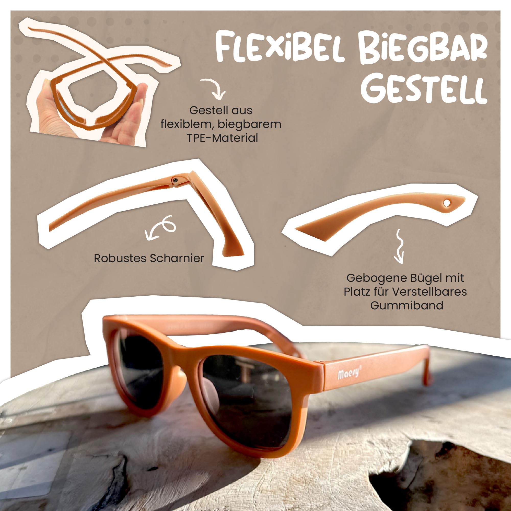 Baby Sonnenbrille für 0-2 Jahre - UV400 Polarisierter Schutz - Flexibler und Biegsamer Rahmen - Verstellbares Gummiband - Sichere und Bequeme Babysonnenbrillen - Quadratisch - Indi