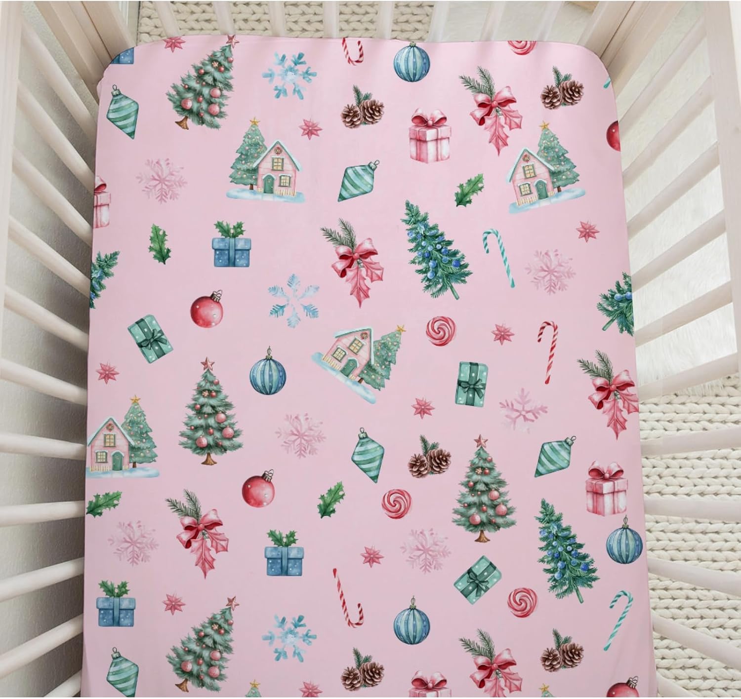 Pink Christmas Tree Crib Sheets Fitted 28''×52'' for Baby