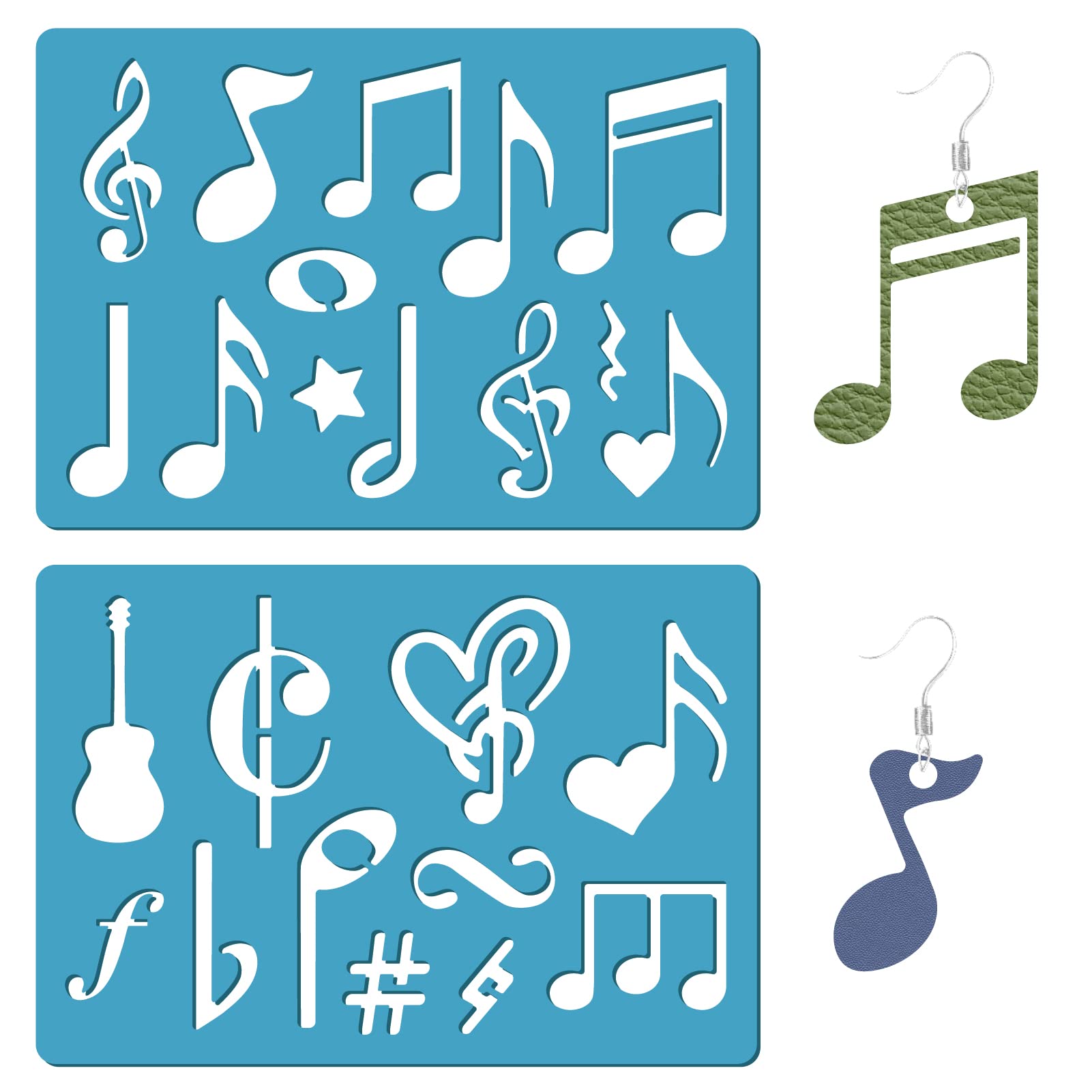 GORGECRAFT2 Styles Musical Note Jewelry Shape Template Reusable Acrylic Cutting Stencil Heart Star Guitar Patterns Template for Leather Bracelets Earrings Jewelry Making DIY Painting Crafts 13x9cm