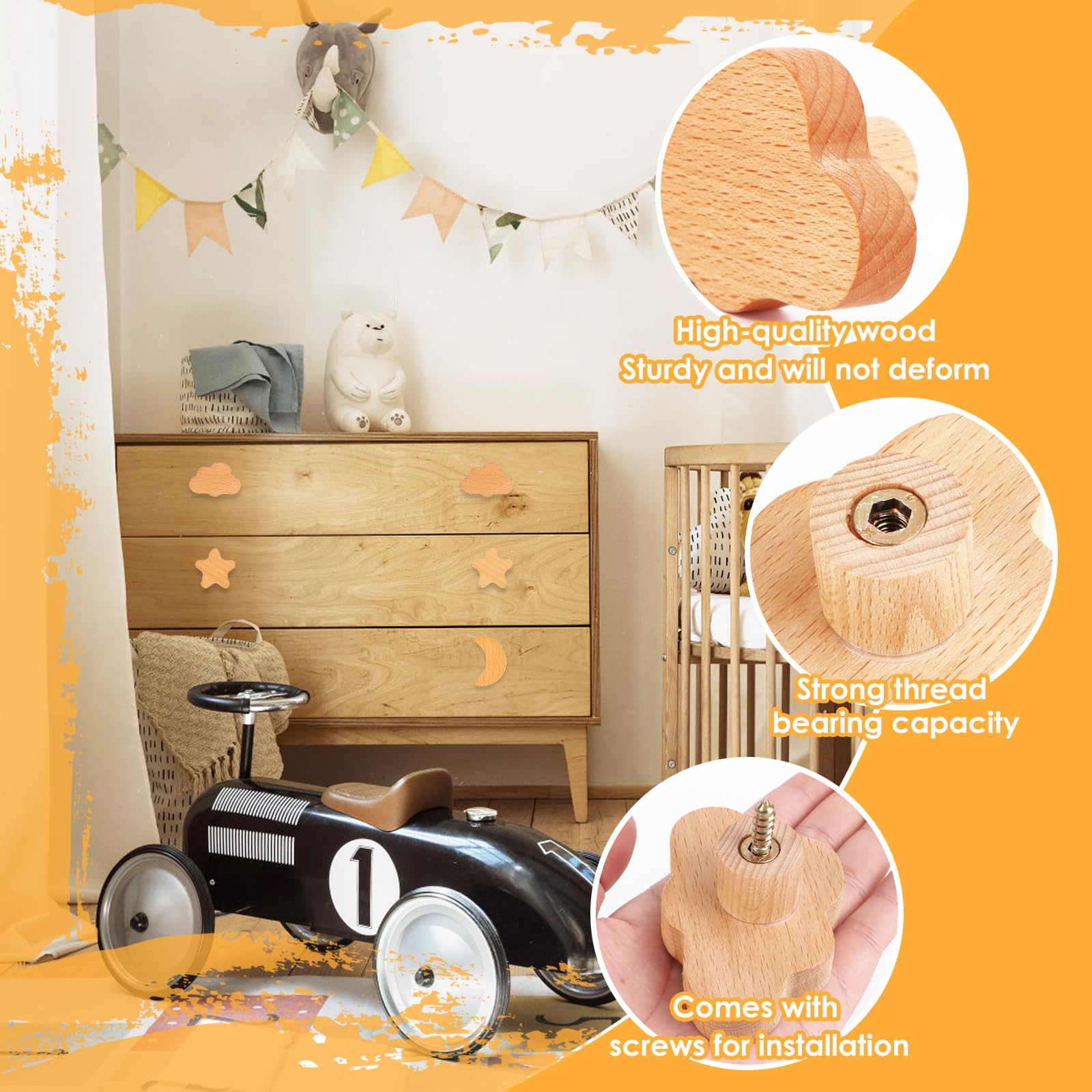 MplehDa Pomelli per armadi in legno per cameretta dei bambini, 6 pomelli in legno con motivi animali, pomelli per mobili in legno, 2 in 1, autoadesivi per mobili con viti (Stella)