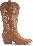 DREAM PAIRS Women's Cowboy Boots Mid Calf Cowgirl Boots Point Toe Chunky Heel Embroidery Stitched Western Boots