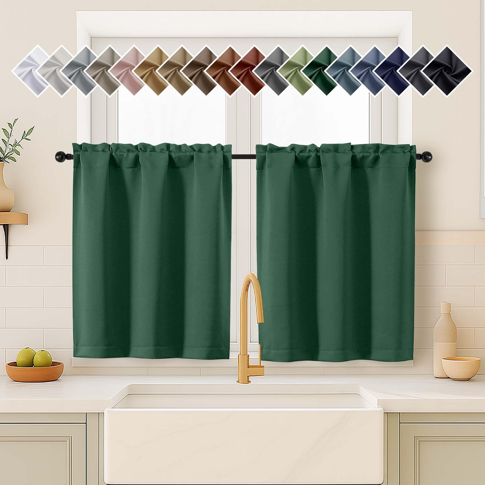 OVZME Kitchen Curtains for Small Window Treatment, Light Filtering Short Cafe Curtains Over Sink, Half Window Drapes Tier for Bedroom Bathroom Rod Pocket, 2x40Wx36L Inches, Ever Green