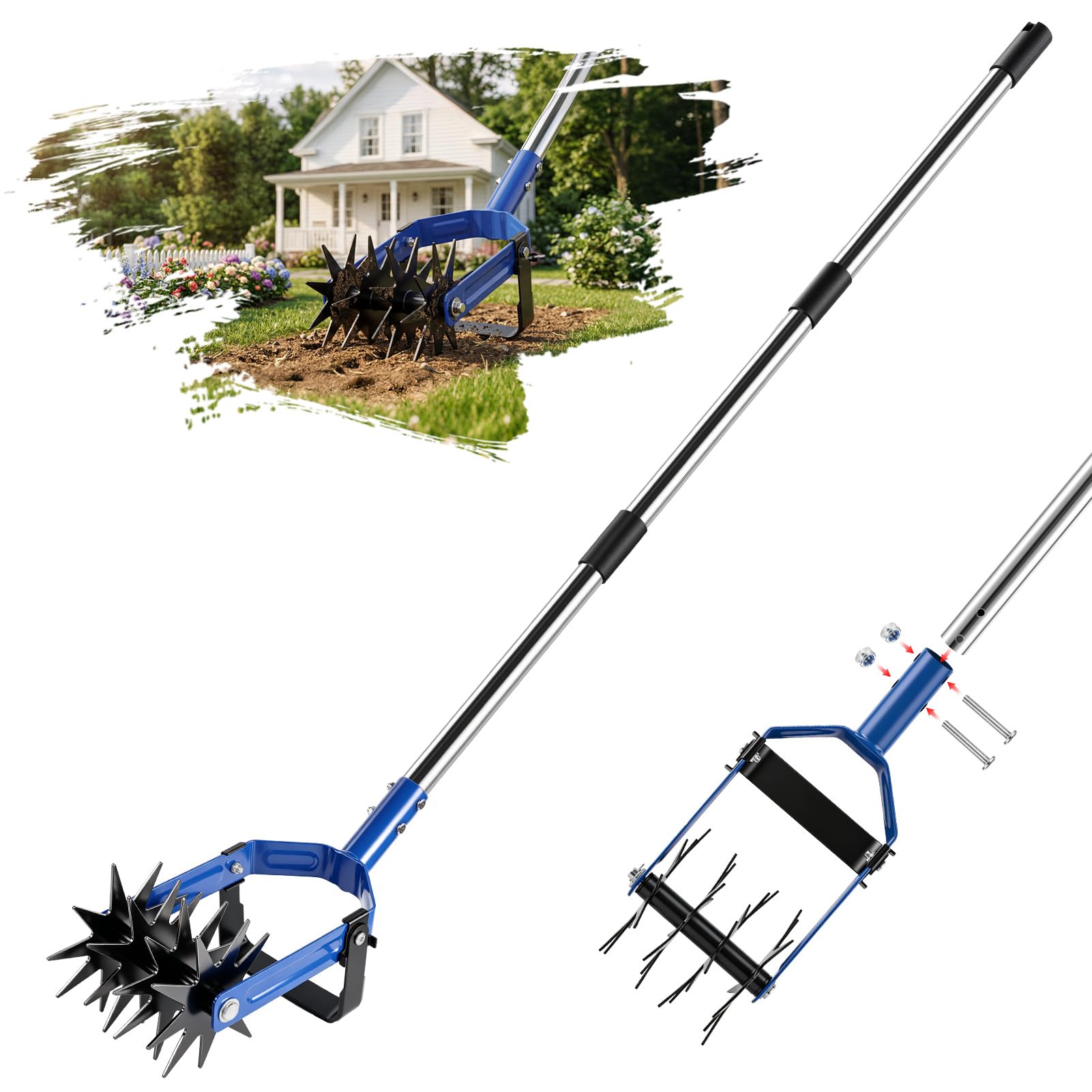 2-en-1 cultivateur Manuel à Roues étoilées – désherbeur et scarificateur pour Gazon, aère Le Sol, remplace la grelinette, Outil Polyvalent pour Petit Jardin.