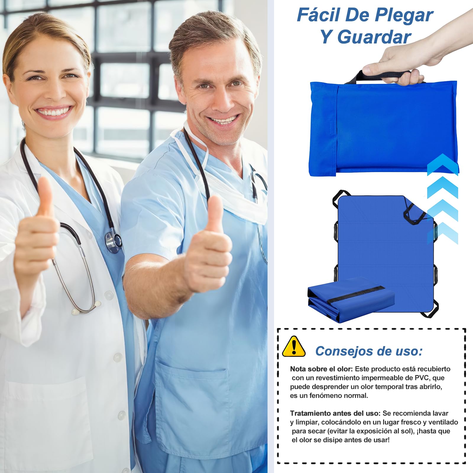 Sábana Deslizante para Transferencia de Ancianos 100x120cm, Sábana de Traslado con 8 Asas,Sábanas de Transferencia Reutilizable para Mover y Levantar Pacientes (azul)