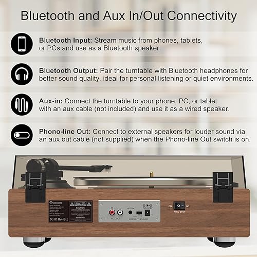 Miniatura 5 de Wohome - Tocadiscos de vinilo con entrada y salida Bluetooth, tocadiscos vintage todo en uno de alta fidelidad con 4 altavoces integrados, cartucho