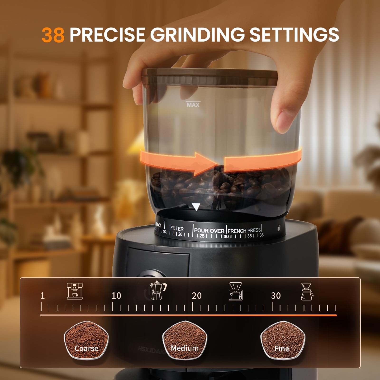 Coffee Grinder, Electric Burr Coffee Grinder with Conical Burr, Coffee Bean Grinder Electric with 38 Grind Settings for Espresso & French Press, Black