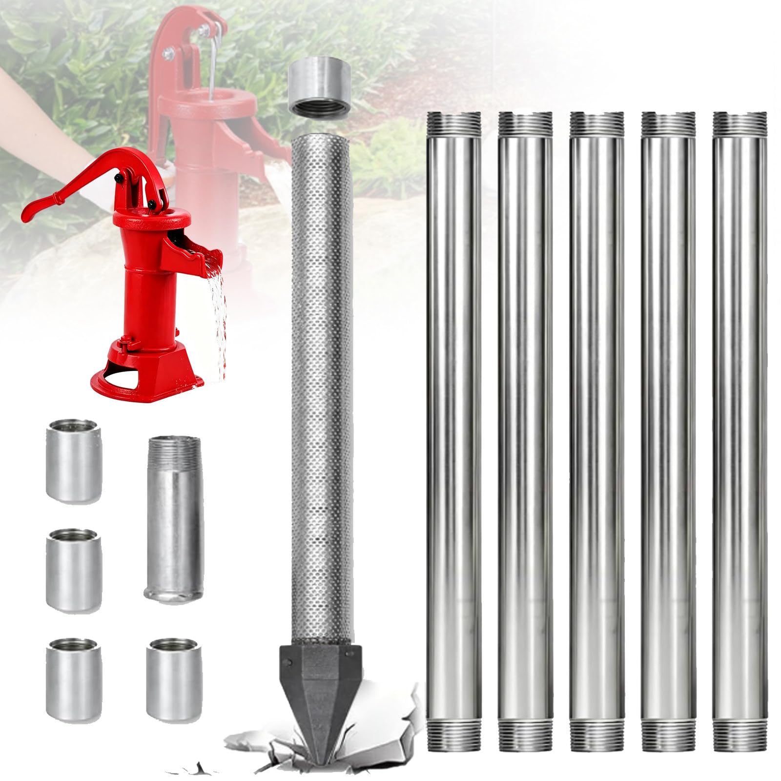ZyKnaurral DIY Sand Point Well Kit,Heavy Duty 1-1/4" Drive Point with 60 Gauge Mesh to Clean Water, 36" Shallow Well Drilling Kit for Drive Sand Point Well& Soft Soil Well WithWaterPump-5+1kit